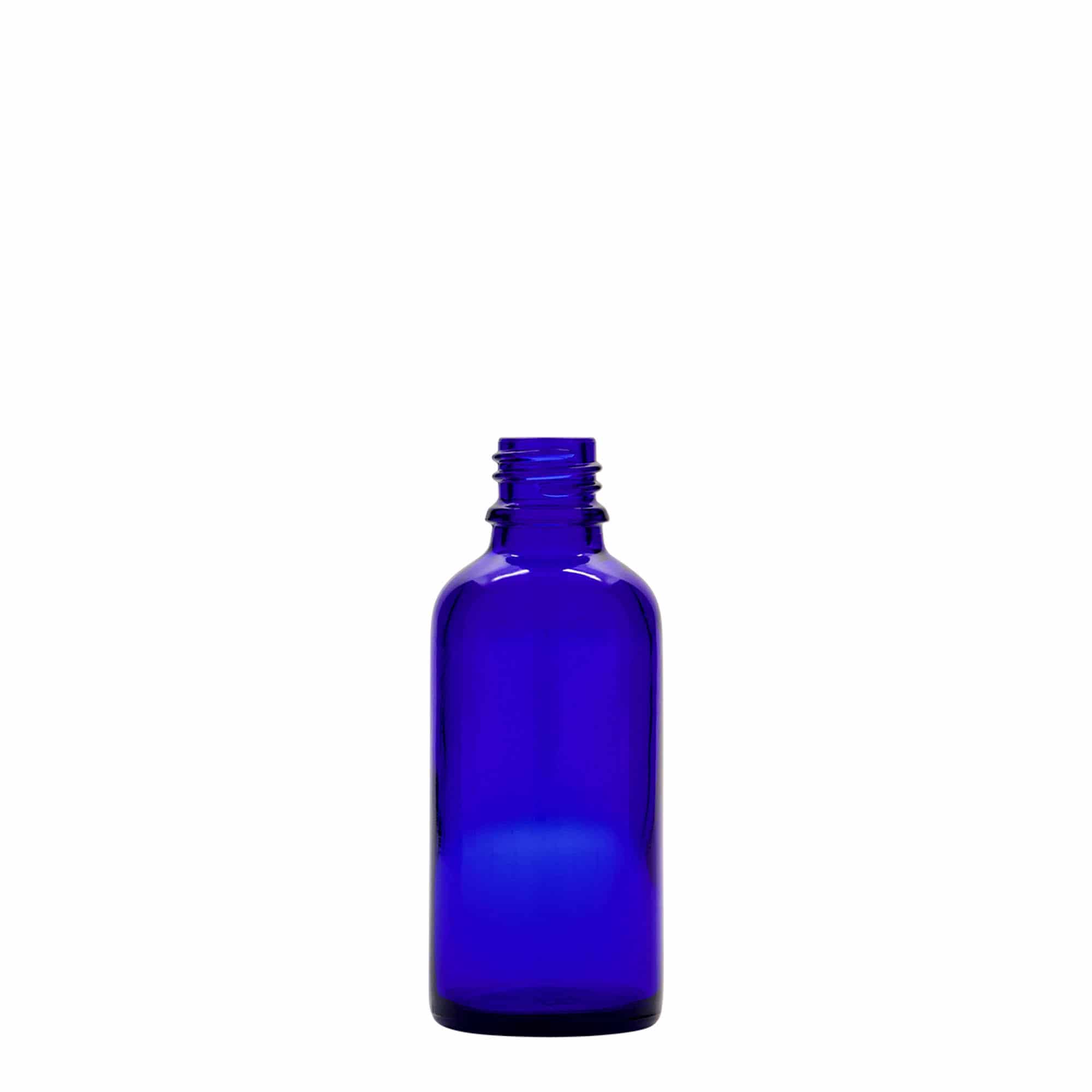 50 ml steklenica z razpršilnikom za zdravila, steklo, kraljevsko modra, ustje: DIN 18