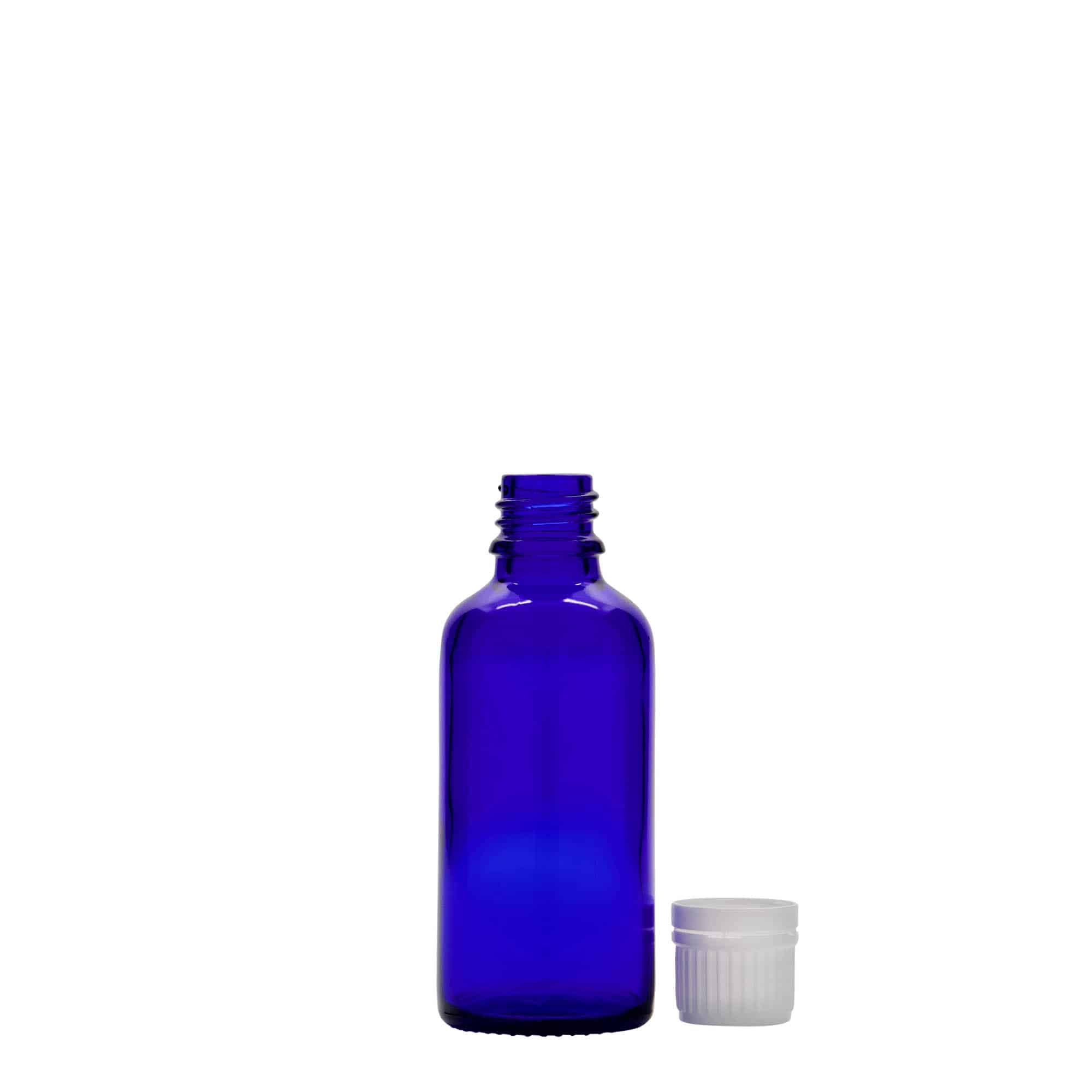50 ml steklenica za zdravila, steklo, kraljevsko modra, ustje: DIN 18
