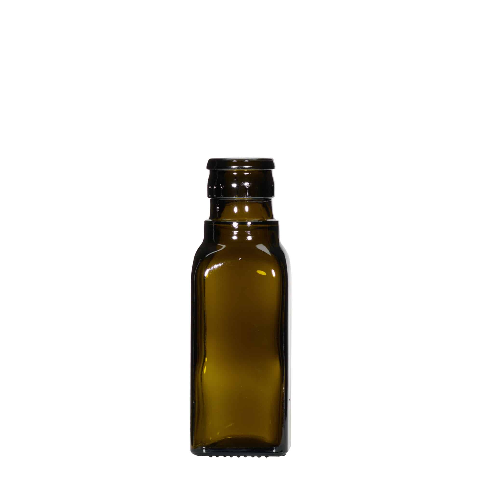 100 ml steklenička za kis/oljno olje 'Quadra', steklo, kvadratna, starozelena, odprtina: DOP