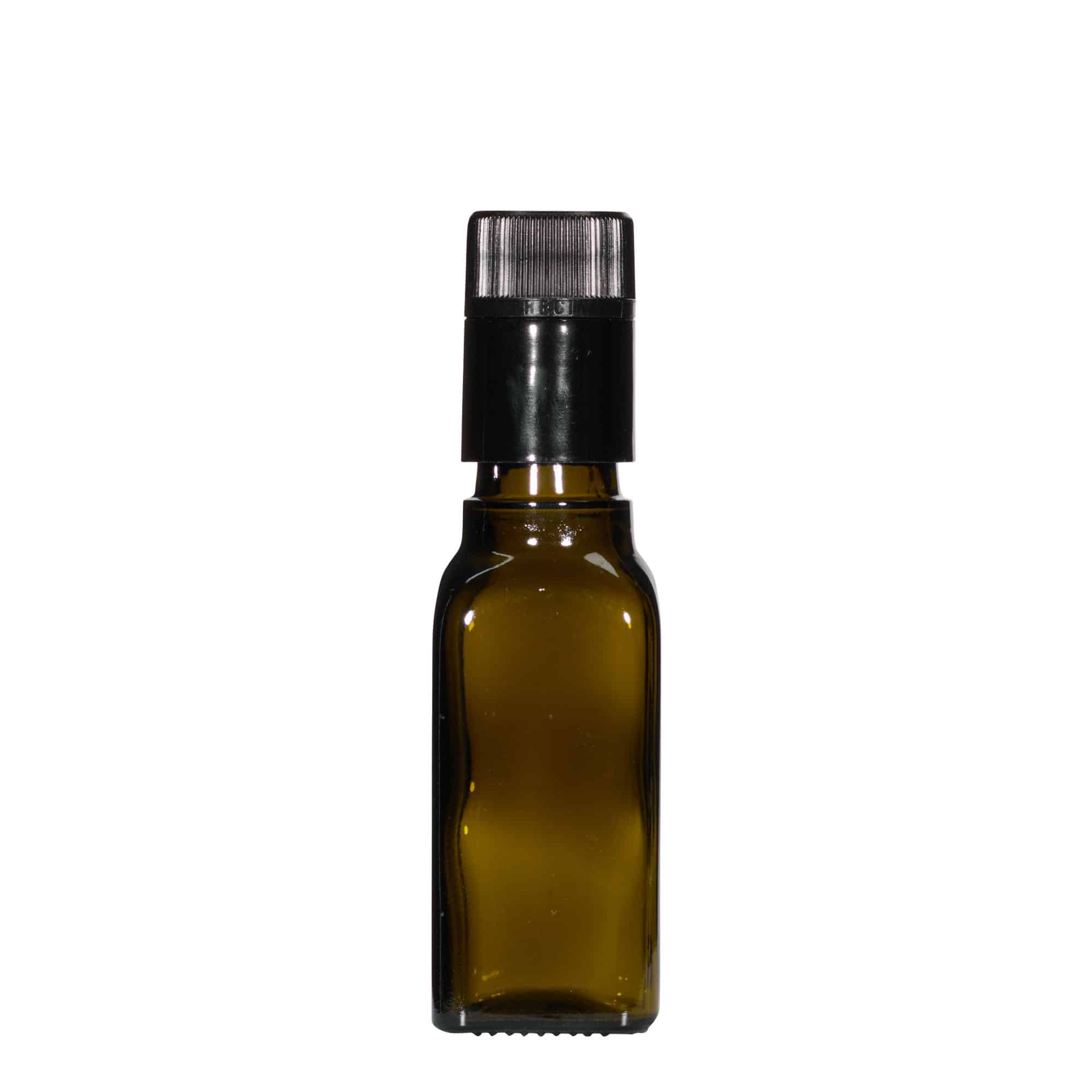 100 ml steklenica za kis/olje »Qudra«, steklo, kvadratna, antično zelena, ustje: DOP