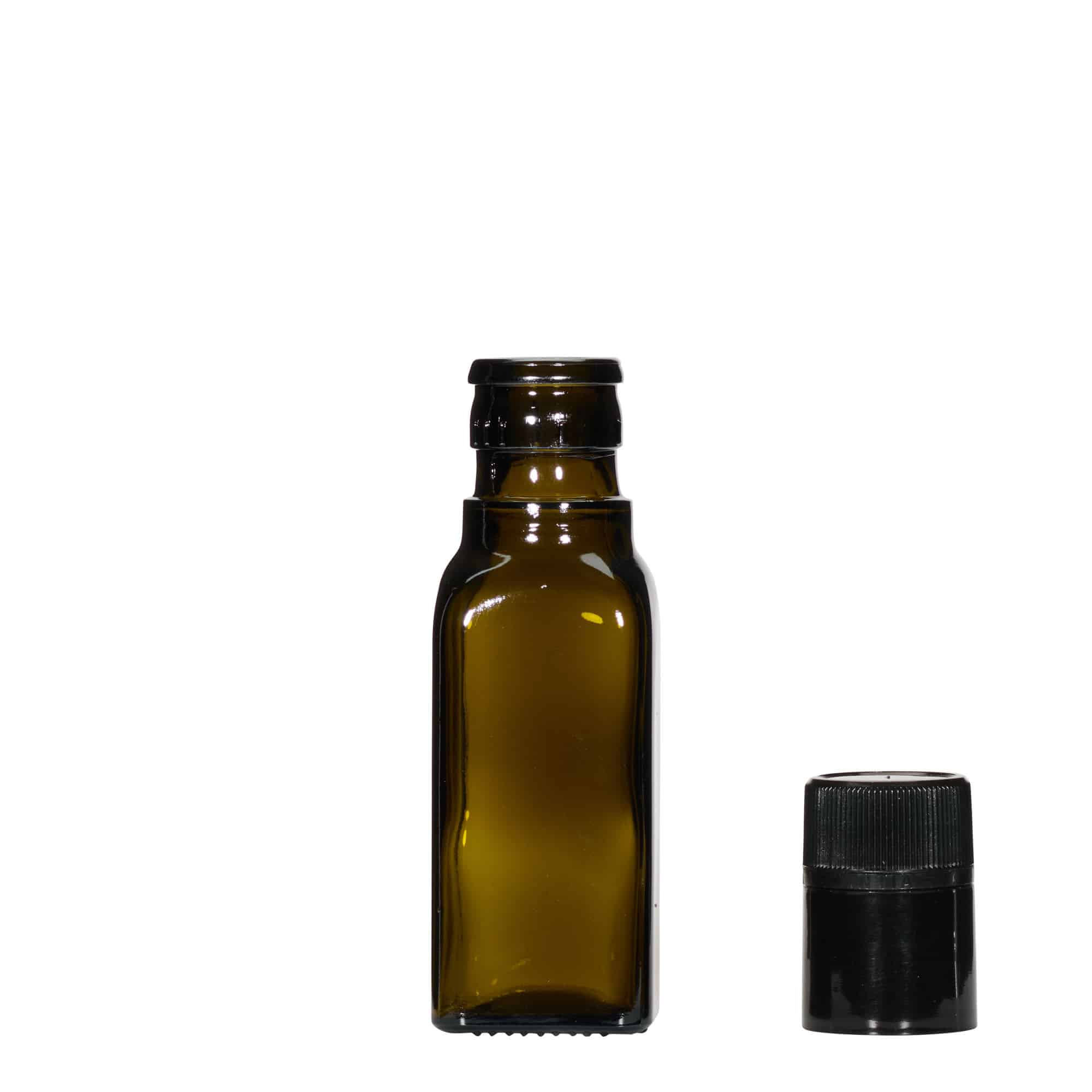 100 ml steklenička za kis/oljno olje 'Quadra', steklo, kvadratna, starozelena, odprtina: DOP