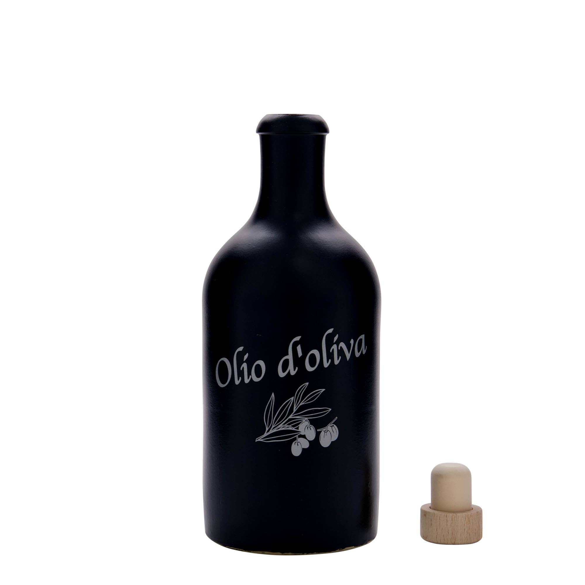 500 ml glineni vrč, motiv: Olio d'Oliva, kamnina, črn, odprtina: pluta