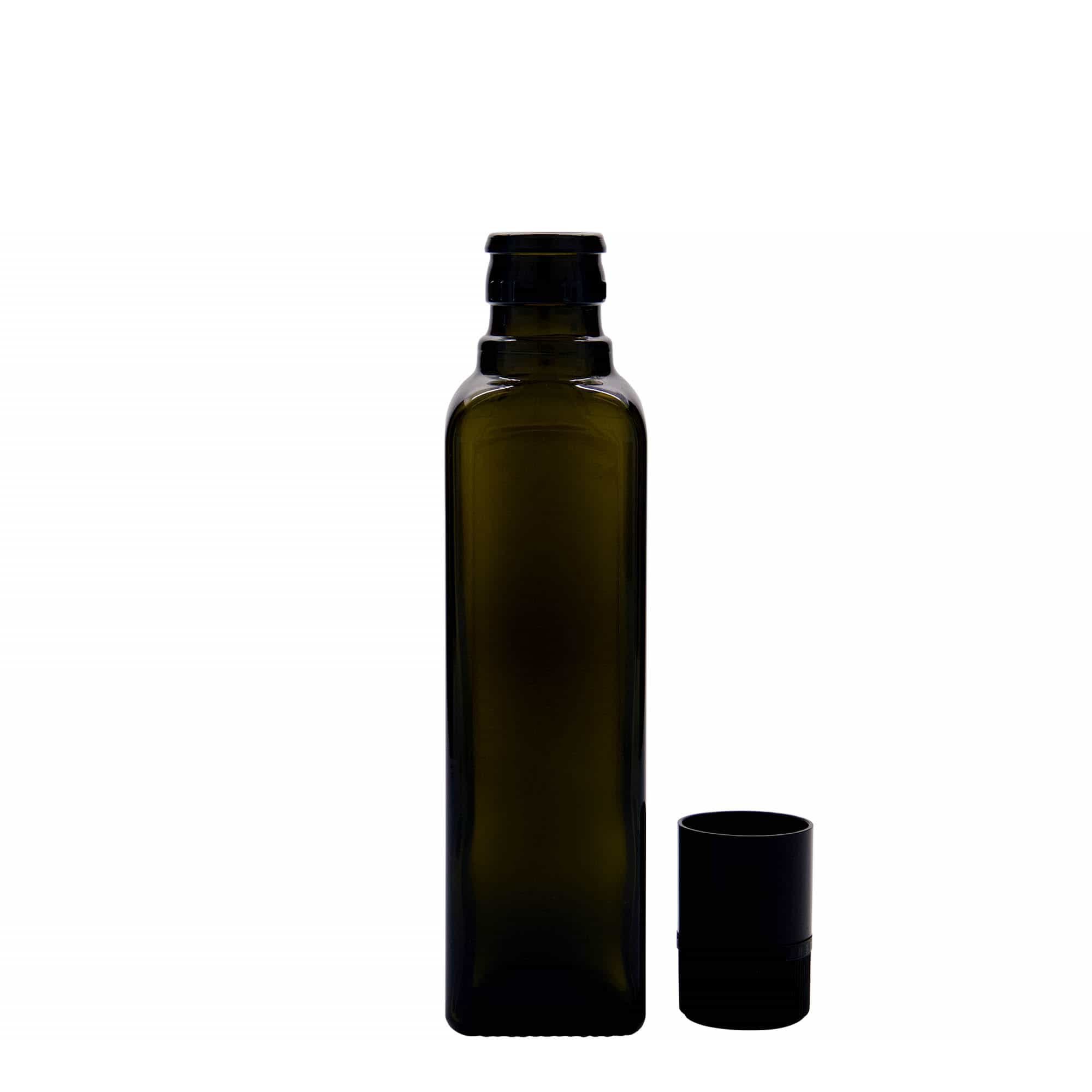 250 ml steklenica za kis/olje 'Quadra', steklo, kvadratna, starozelena, odprtina: DOP