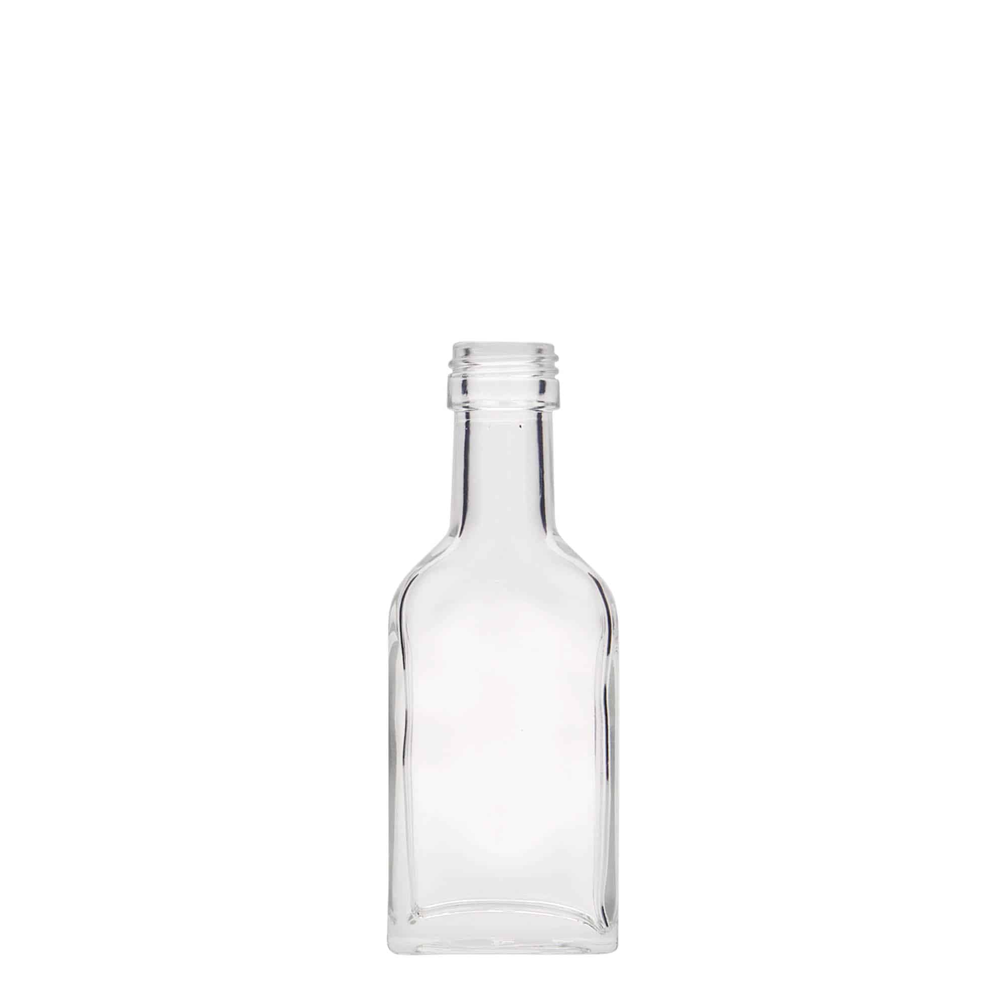 40 ml žepna steklenica z dolgim grlom, pravokotna, steklo, ustje: PP 22 40 ml žepna steklenica z dolgim grlom, pravokotna, steklo, ustje: PP 22