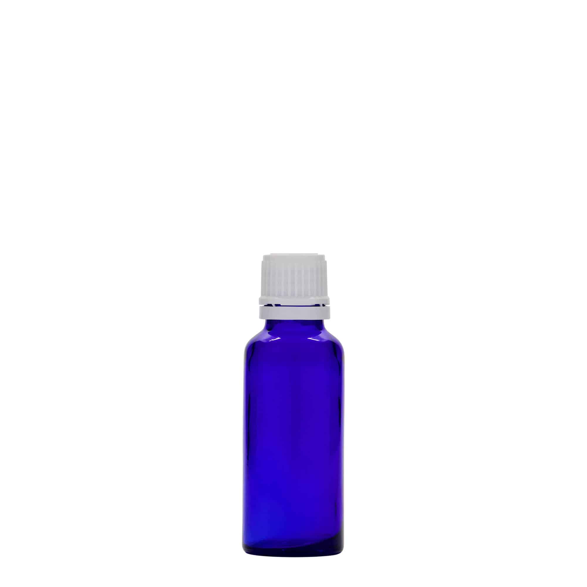 30 ml steklenica za zdravila, steklo, kraljevsko modra, ustje: DIN 18