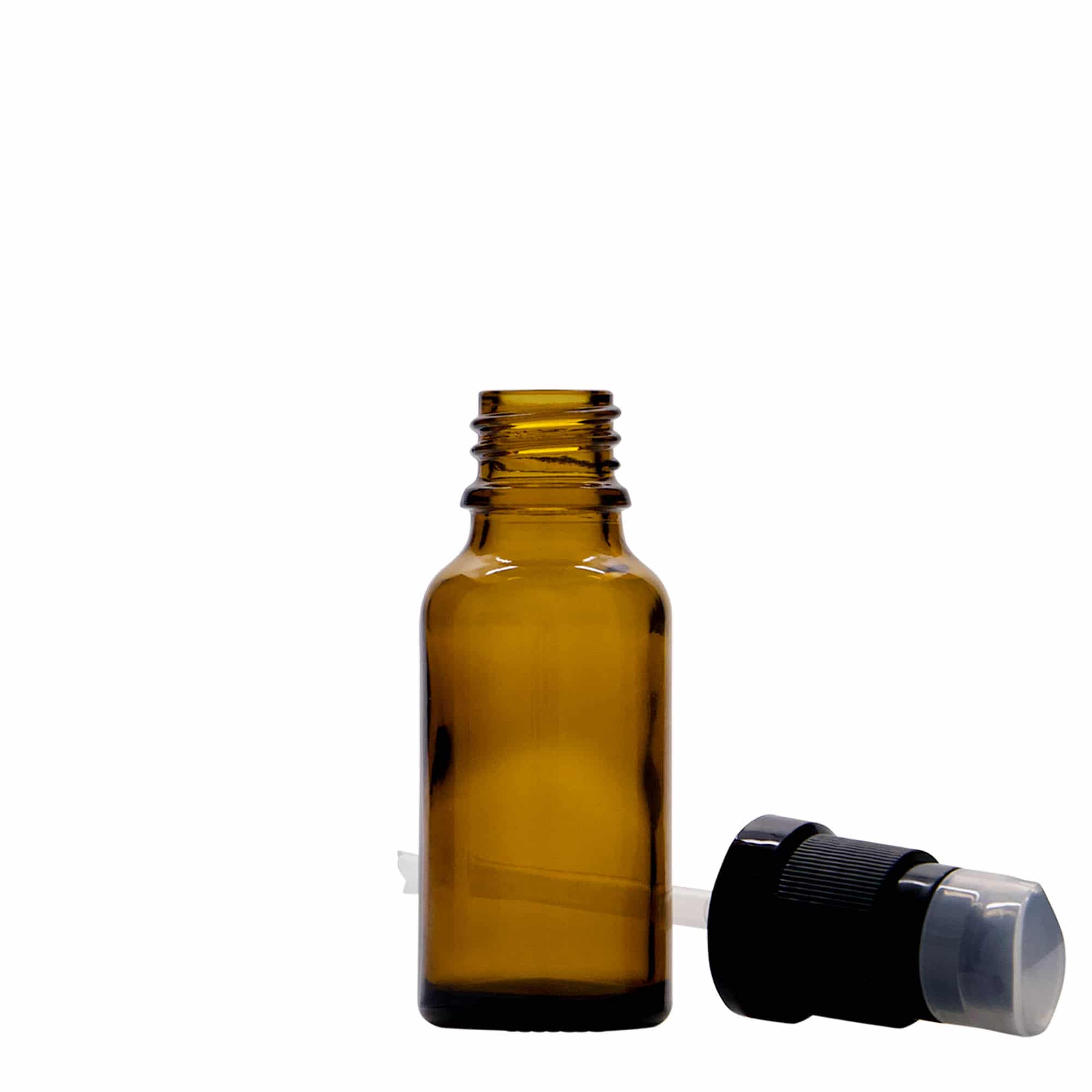 20 ml medicinska steklenička z dozirno črpalko za losjone, steklo, rjava, odprtina: DIN 18