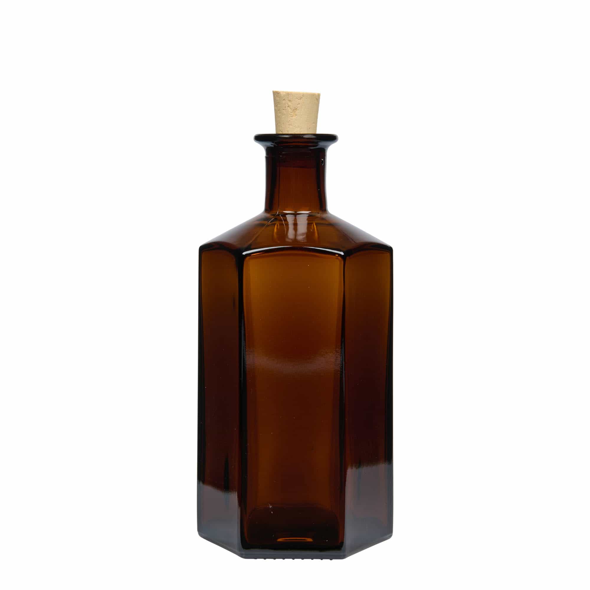 500 ml steklena steklenička Apotekarna 'Jimmy'. šesterokotna. rjava. Ustje: pluta