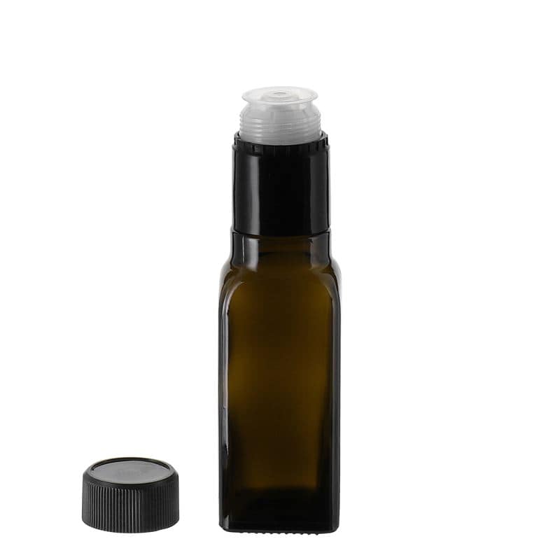 100 ml steklenica za kis/olje »Qudra«, steklo, kvadratna, antično zelena, ustje: DOP