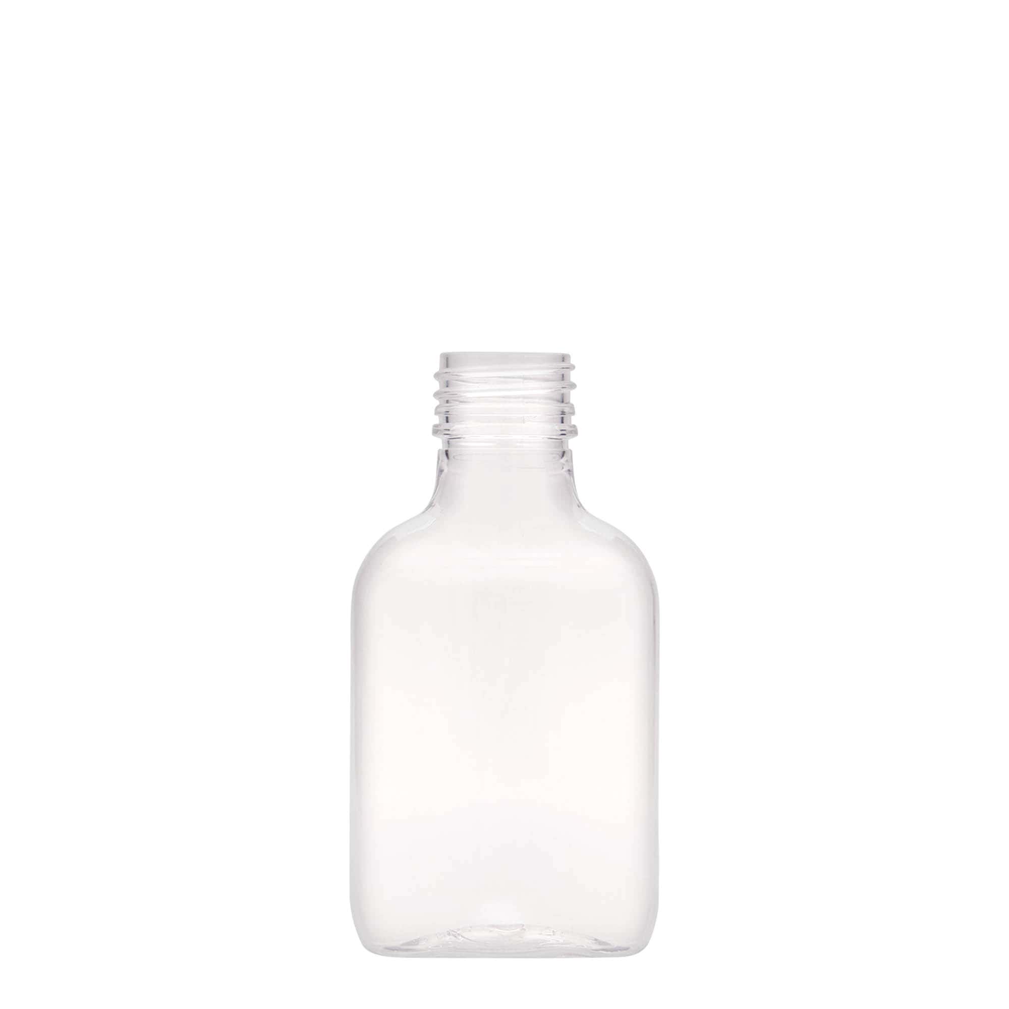 100 ml žepna steklenička, ovalna, PET-plastika, odprtina: PP 28