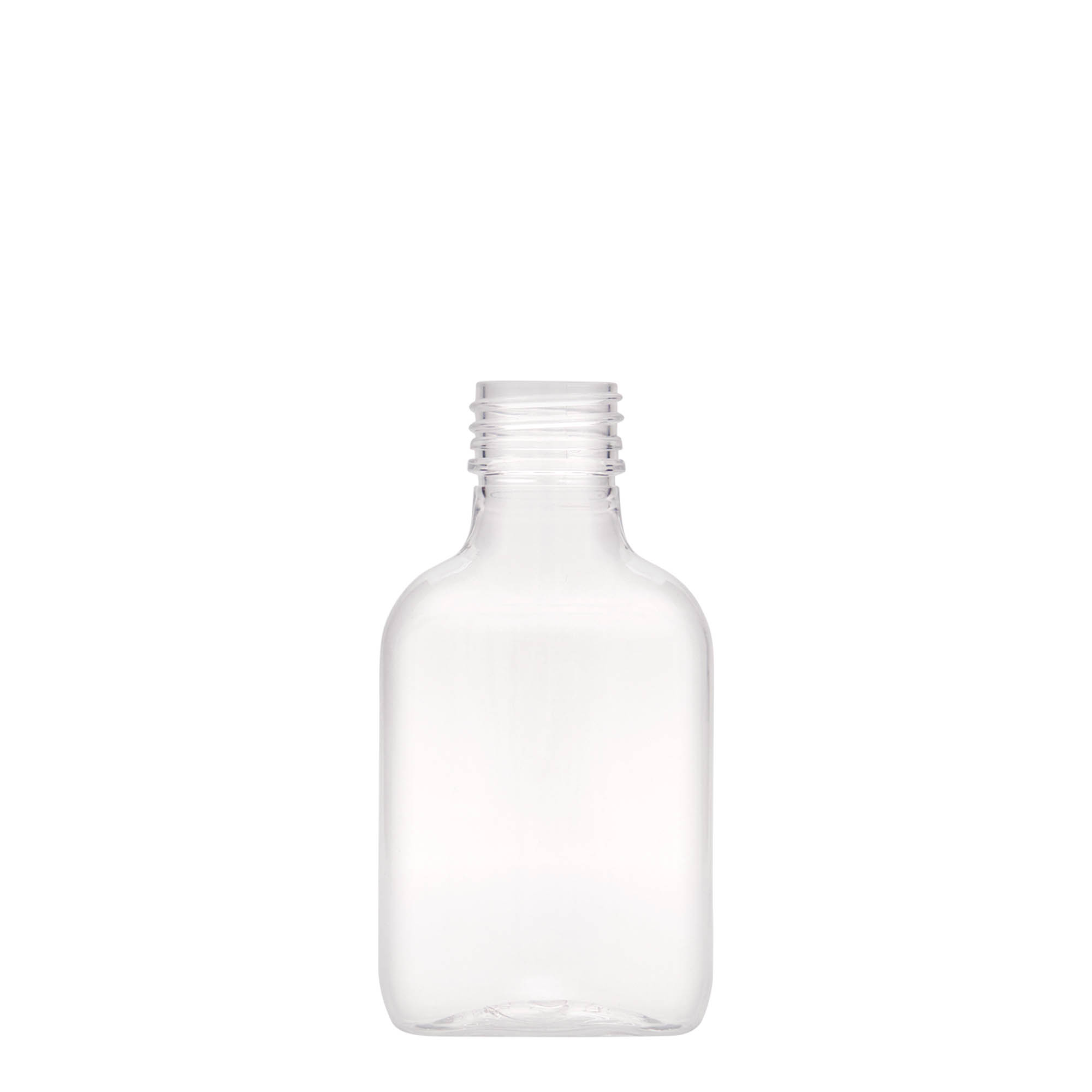 100 ml žepna steklenička, ovalna, PET-plastika, odprtina: PP 28