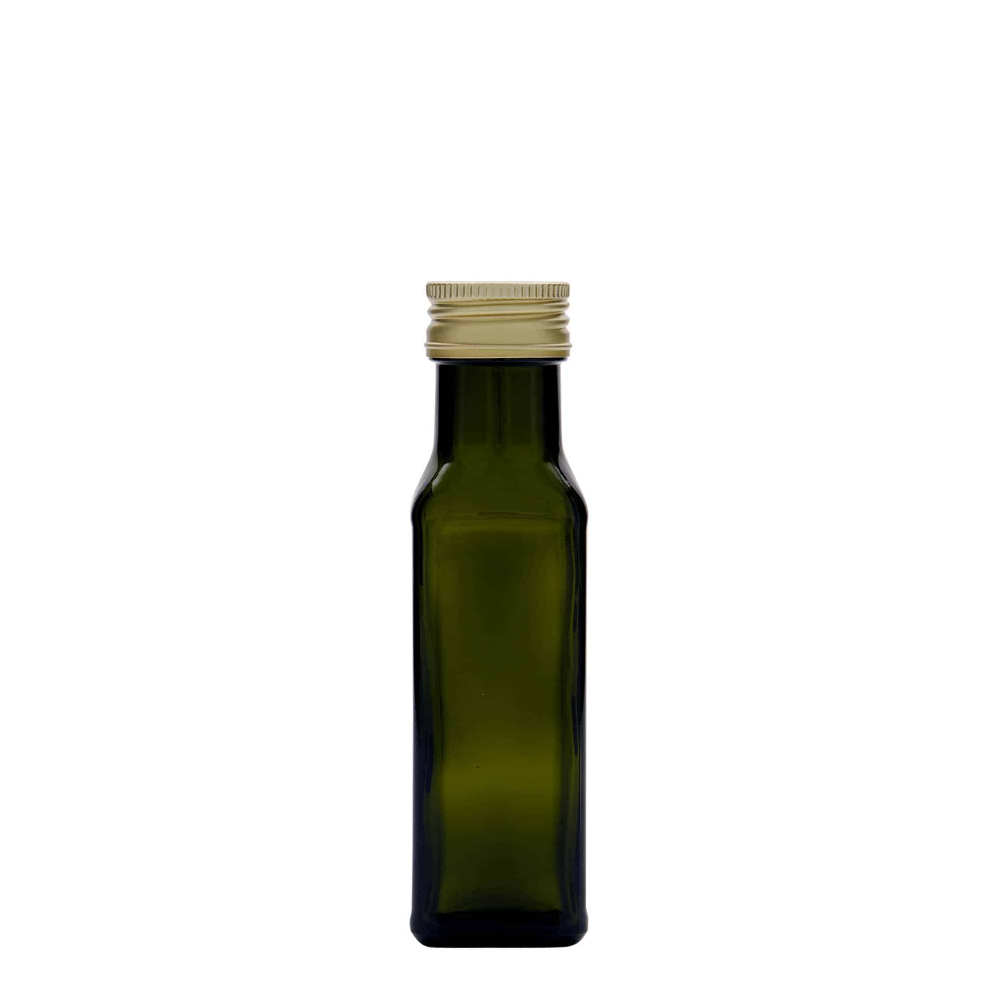 100 ml steklena steklenica »Marasca«, kvadratna, antično zelena, ustje: PP 31,5