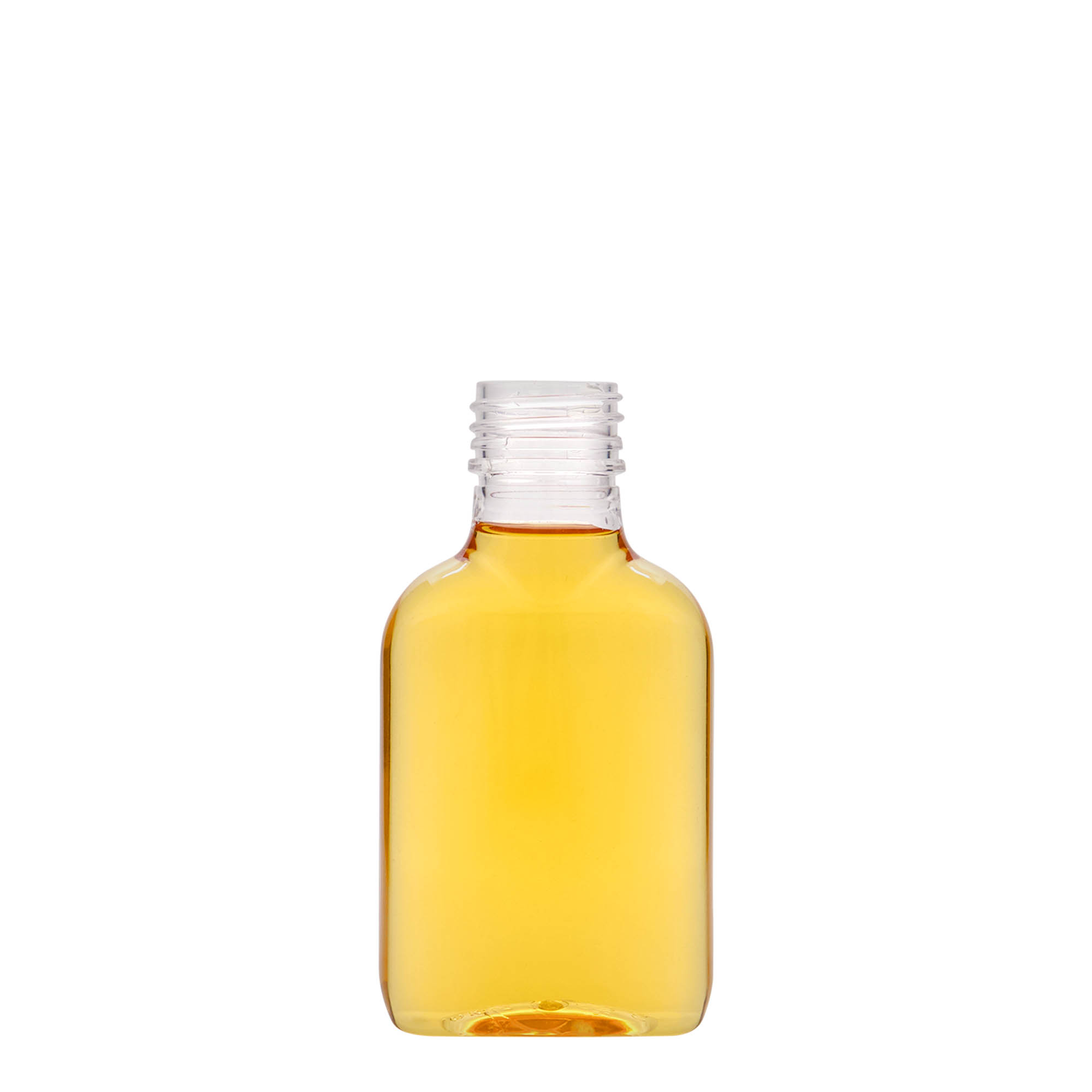 100 ml žepna steklenička, ovalna, PET-plastika, odprtina: PP 28