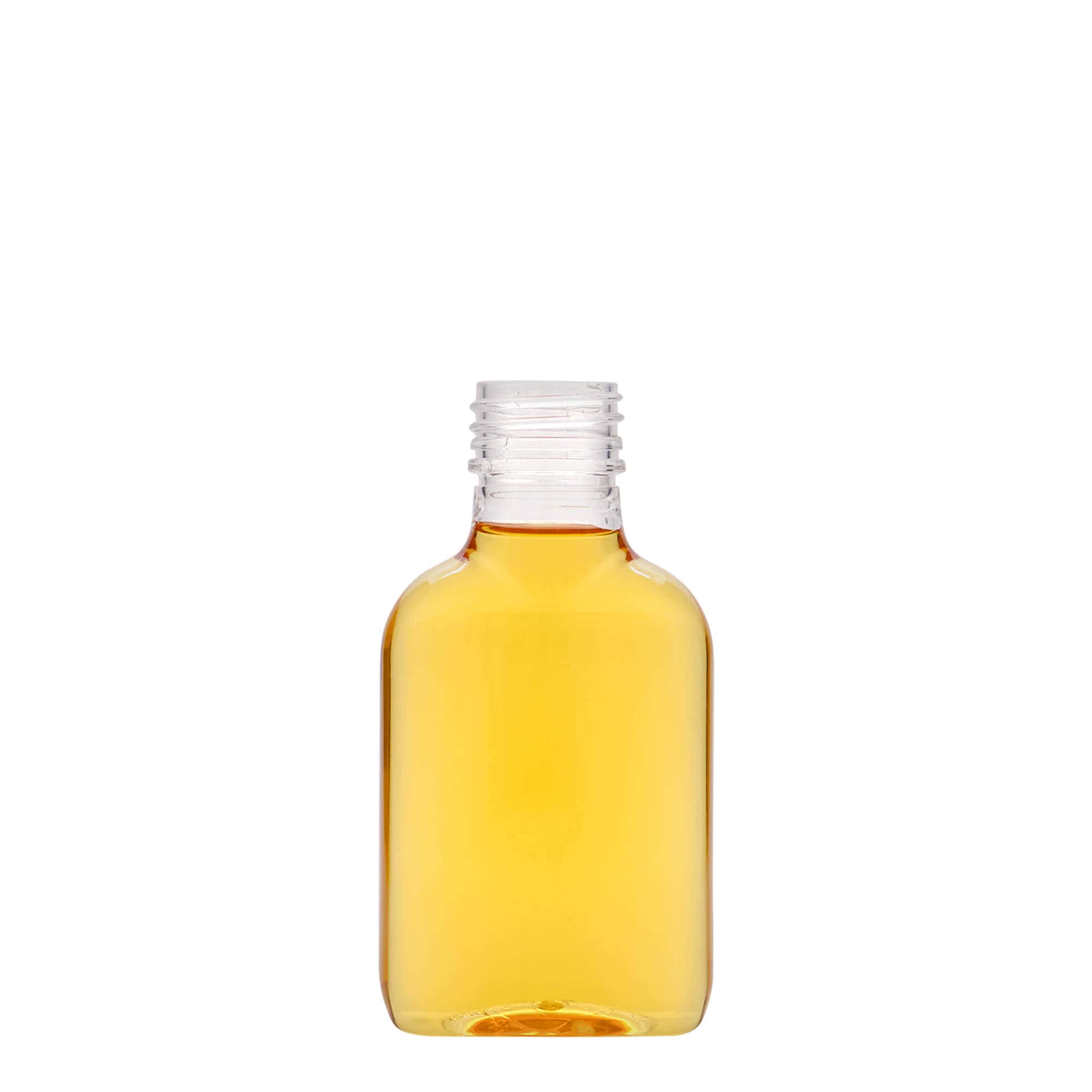 100 ml žepna steklenička, ovalna, PET-plastika, odprtina: PP 28