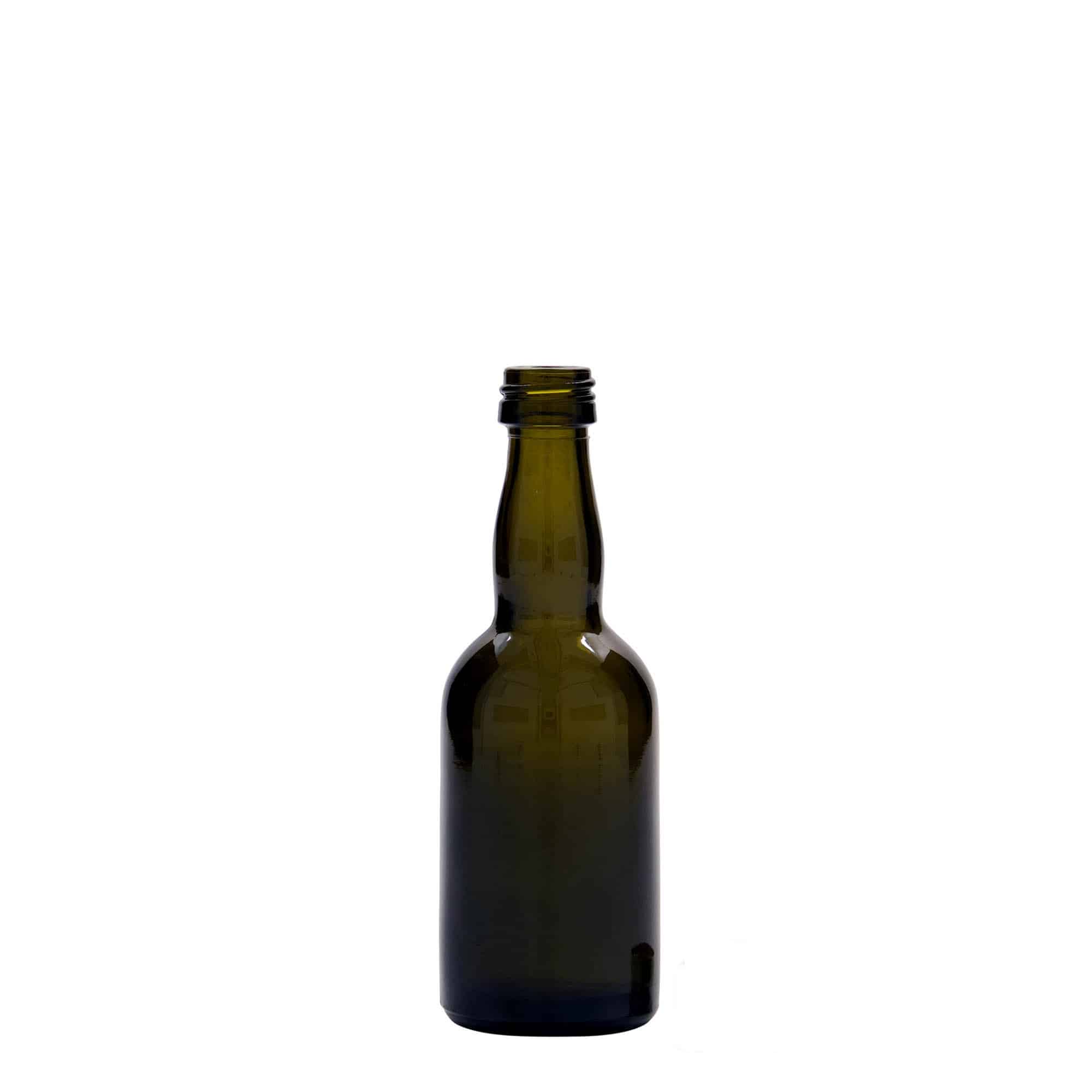 50 ml steklena steklenica »Proba«, antično zelena, ustje: PP 18 50 ml steklena steklenica »Proba«, antično zelena, ustje: PP 18