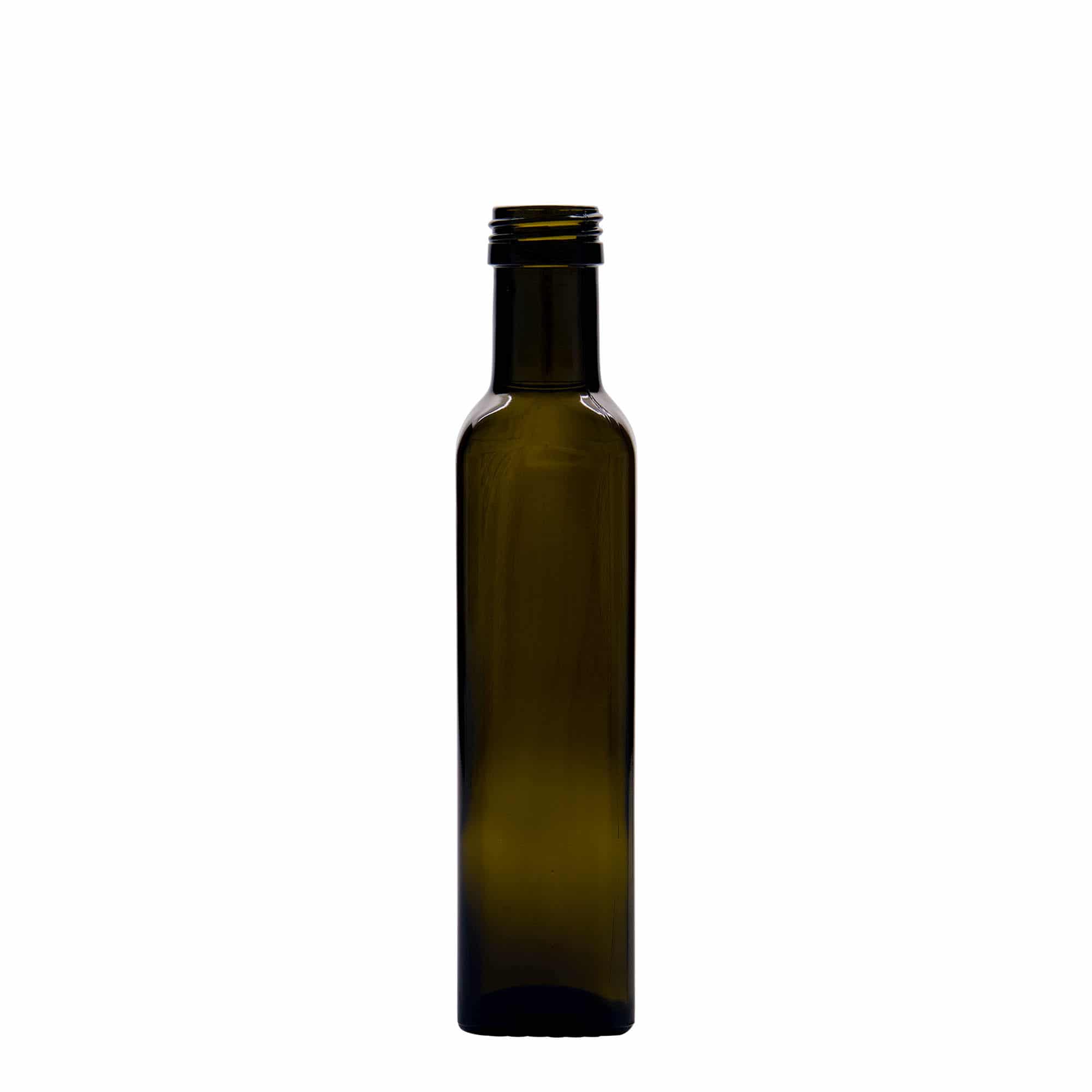 250 ml steklenica 'Marasca', kvadratna, starinsko zelena, odprtina: PP 31,5