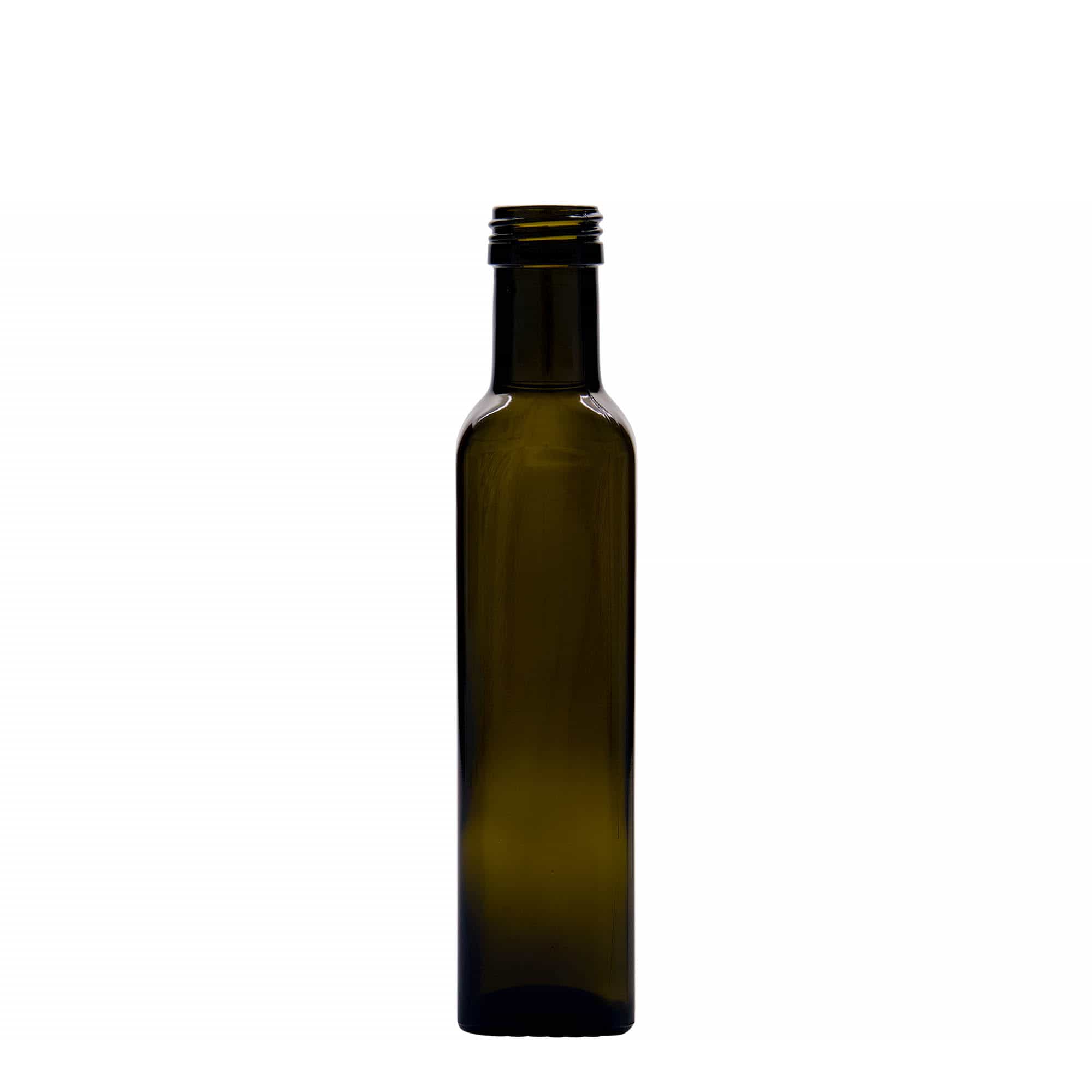 250 ml steklenica 'Marasca', kvadratna, starinsko zelena, odprtina: PP 31,5