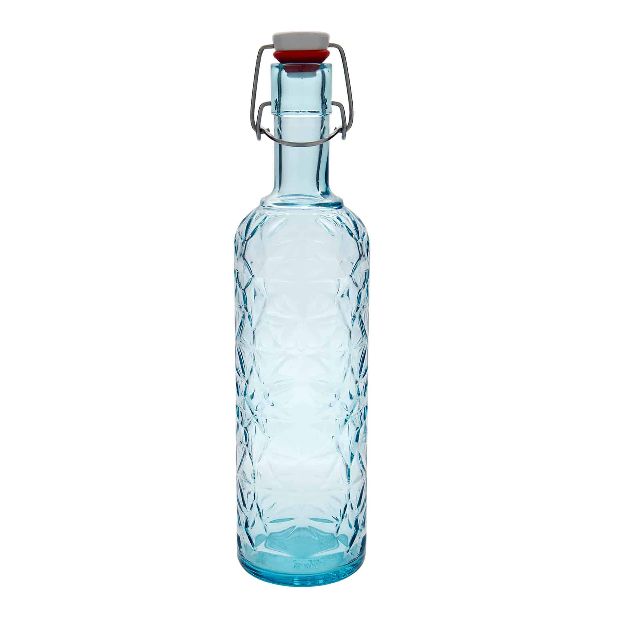 1000 ml steklena steklenica »Oriente«, azurno modra, ustje: zamašek s tesnilom
