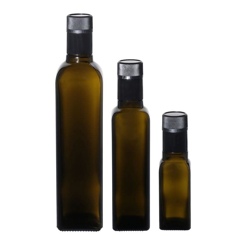 100 ml steklenica za kis/olje »Qudra«, steklo, kvadratna, antično zelena, ustje: DOP