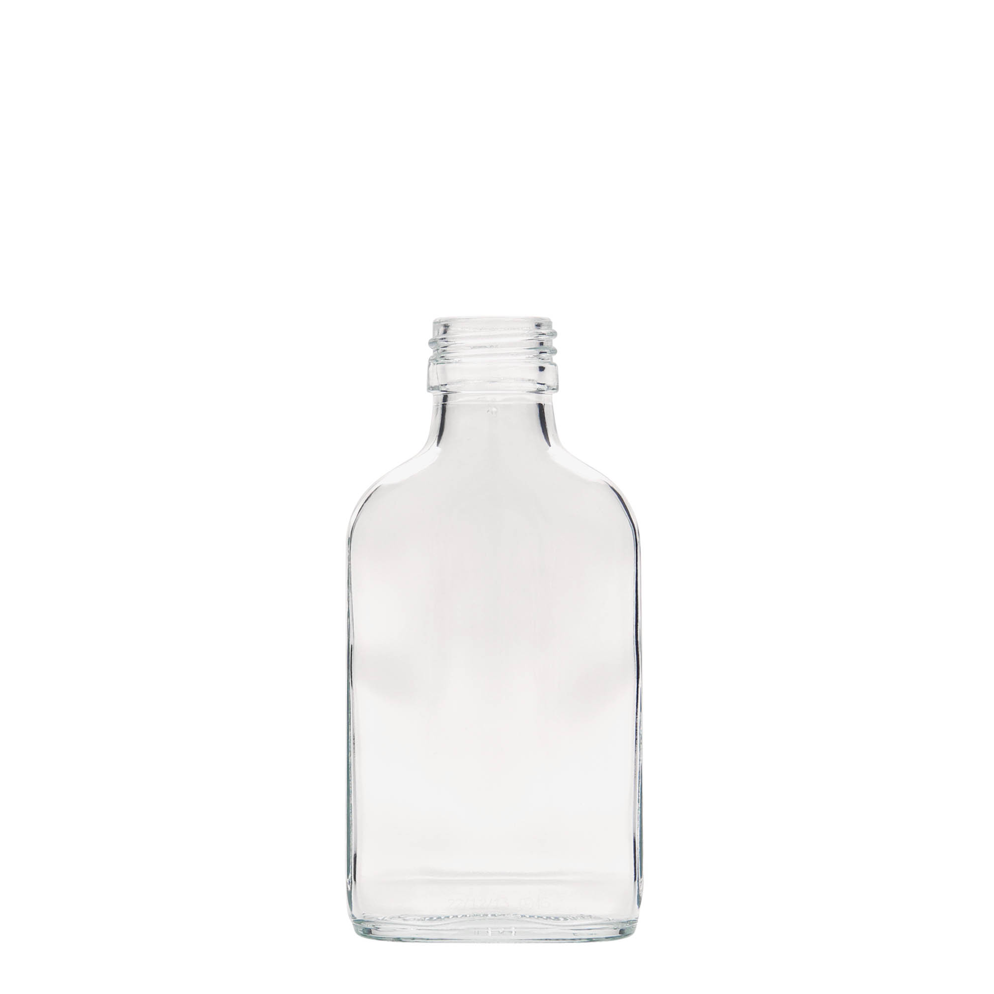 100 ml žepna steklenička, pravokotna, steklo, odprtina: PP 28 100 ml žepna steklenička, pravokotna, steklo, odprtina: PP 28