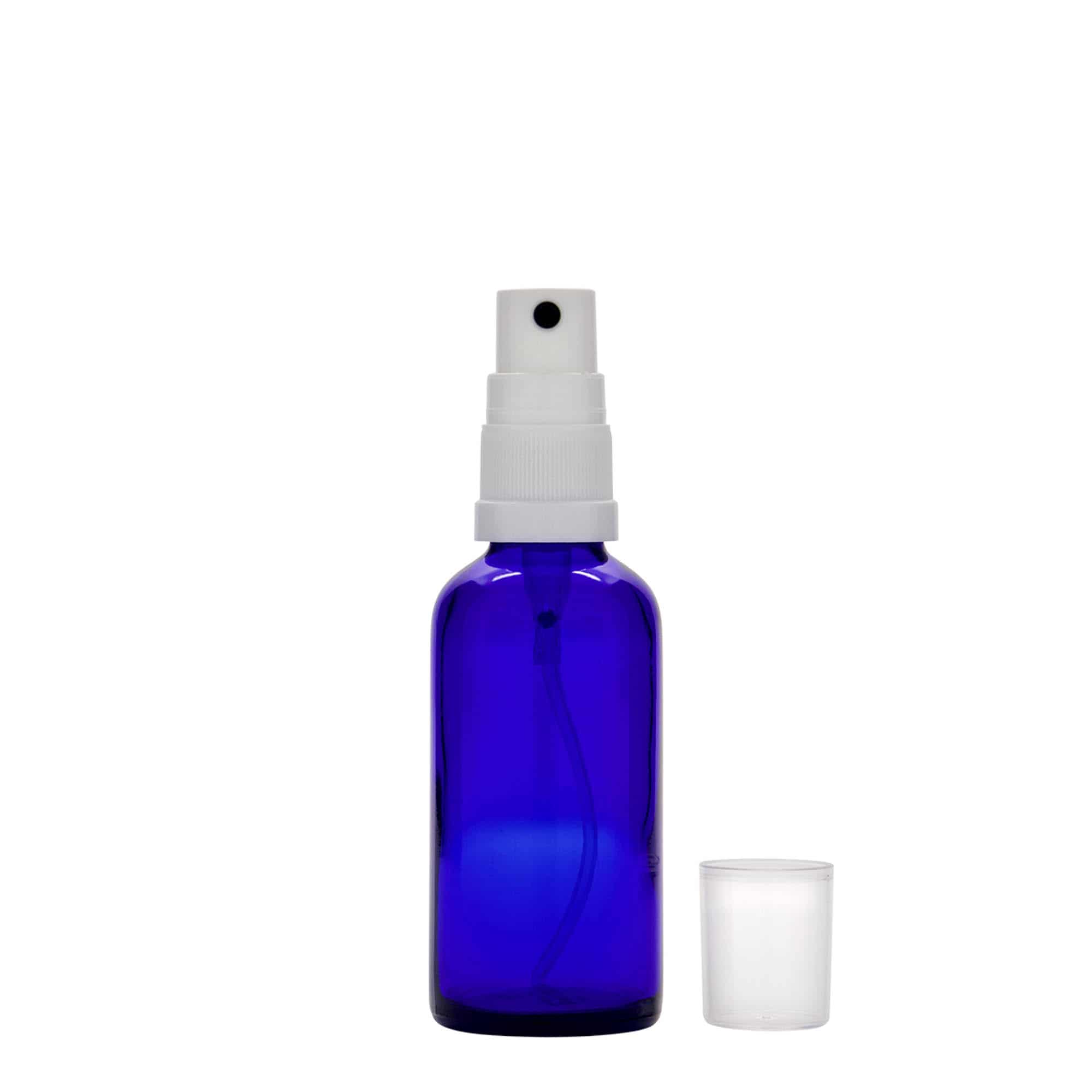 50 ml steklenica z razpršilnikom za zdravila, steklo, kraljevsko modra, ustje: DIN 18