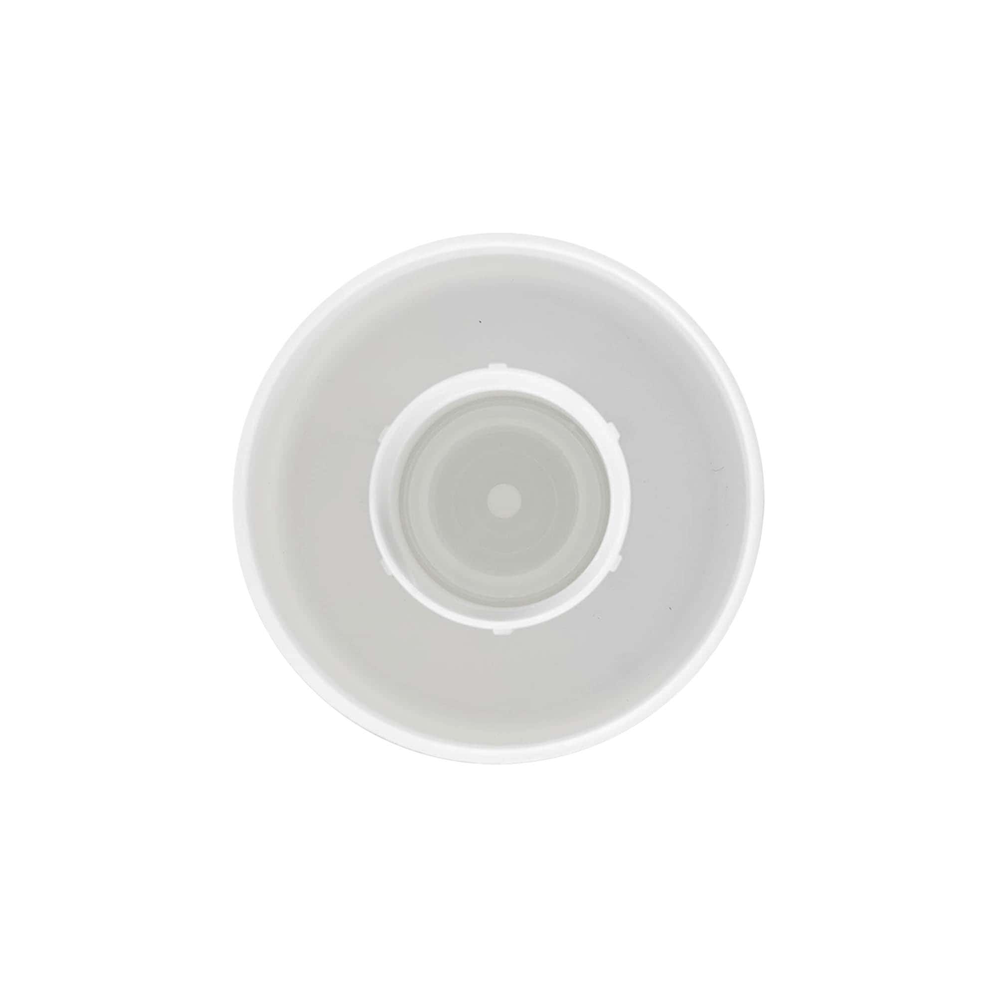 Zavrtni pokrov okrogle steklenice z vstavkom za brizgo, PE-plastika, bela, za odprtino: GL 22 Zavrtni pokrov okrogle steklenice z vstavkom za brizgo, PE-plastika, bela, za odprtino: GL 22