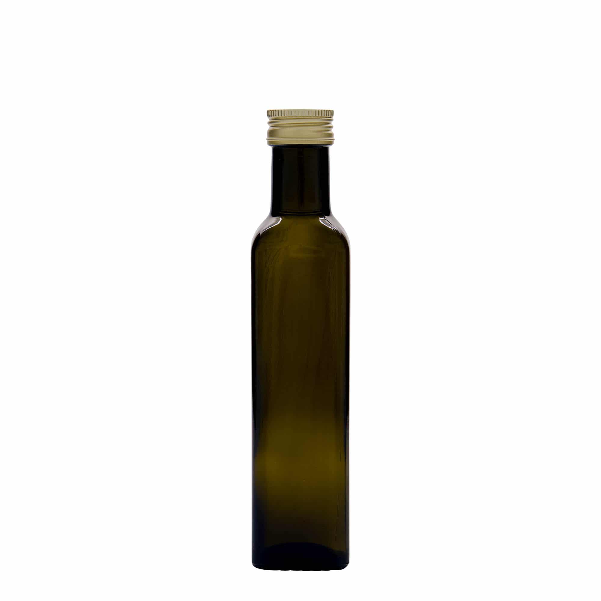 250 ml steklena steklenica »Marasca«, kvadratna, antično zelena, ustje: PP 31,5