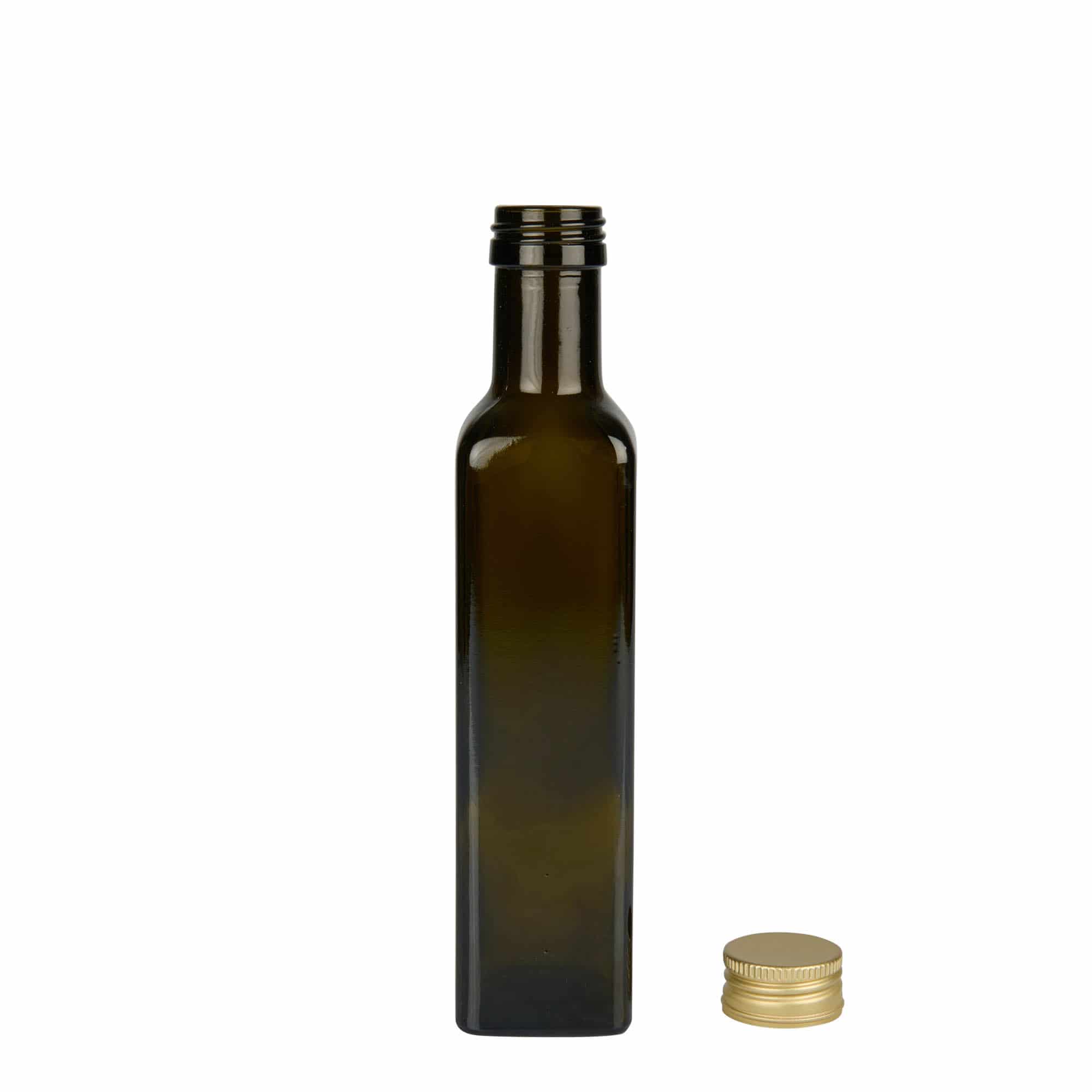 250 ml steklenica 'Marasca', kvadratna, starinsko zelena, odprtina: PP 31,5