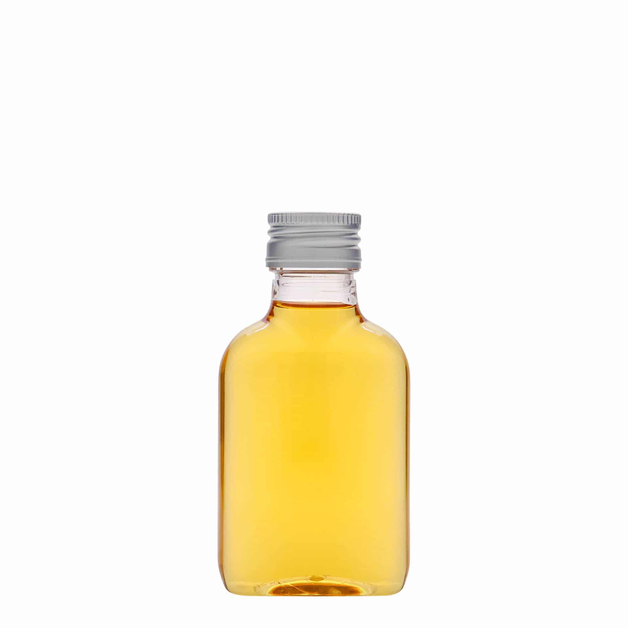 100 ml žepna steklenička, ovalna, PET-plastika, odprtina: PP 28