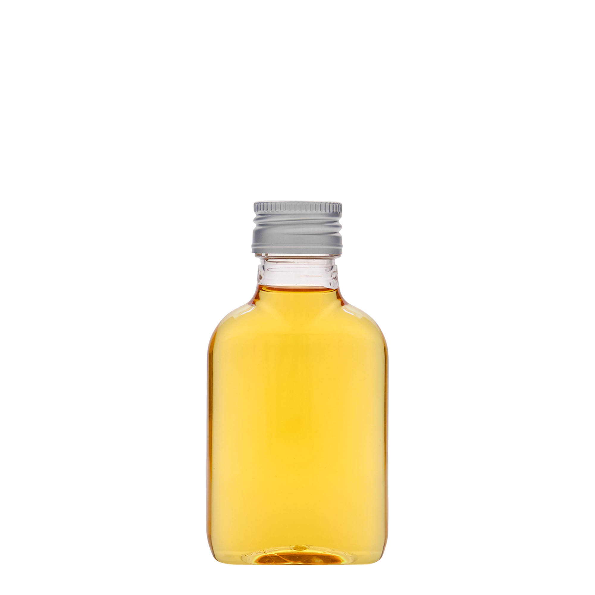 100 ml žepna steklenička, ovalna, PET-plastika, odprtina: PP 28