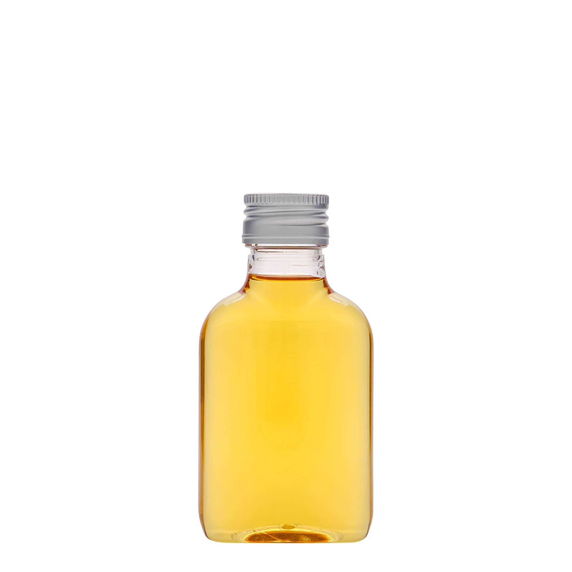 100 ml žepna steklenička, ovalna, PET-plastika, odprtina: PP 28