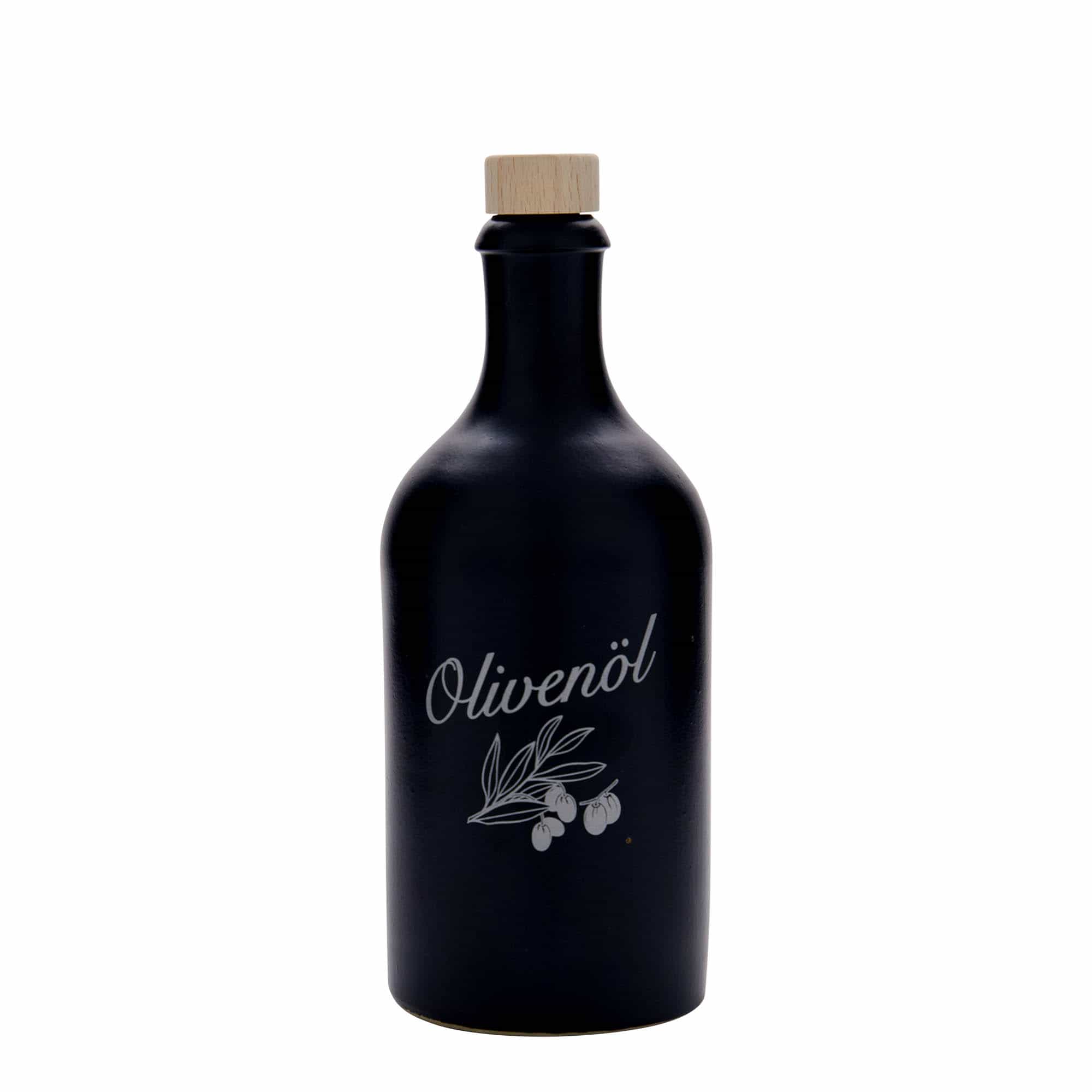 500 ml lončeni vrč, motiv: Olivno olje, lončevina, črna, ustje: pluta