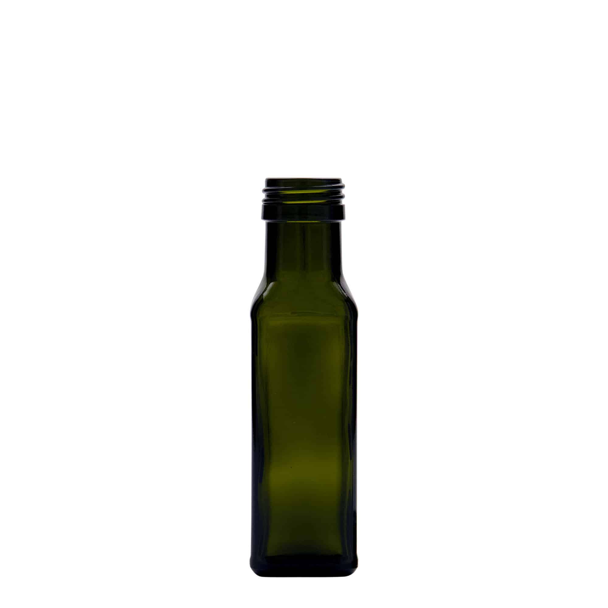 100 ml steklenička 'Marasca', kvadratna, starozelena, odprtina: PP 31,5