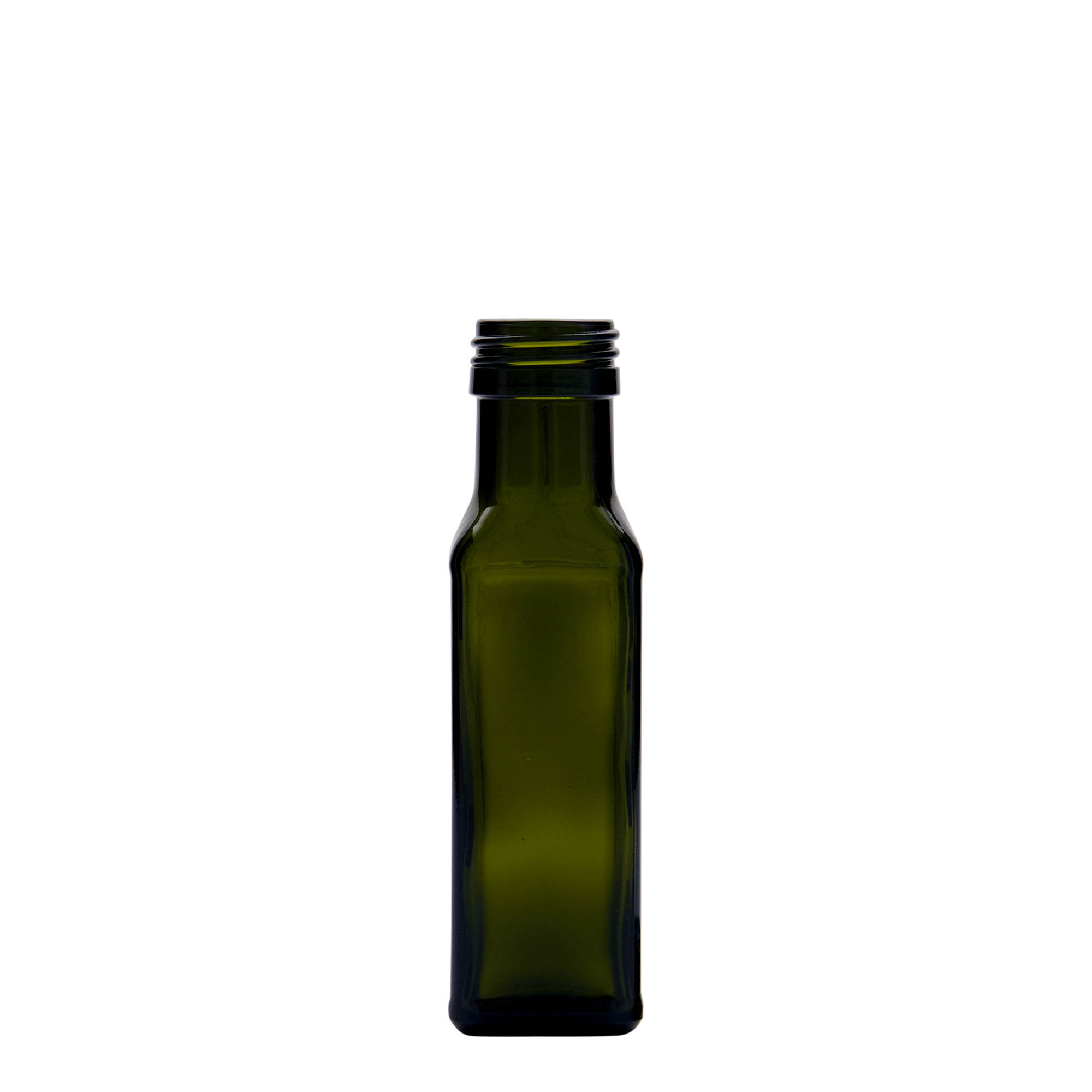 100 ml steklenička 'Marasca', kvadratna, starozelena, odprtina: PP 31,5