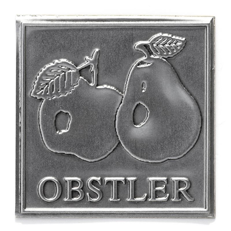 Kositrna etiketa »Obstler«, kvadratna, kovina, srebrna Kositrna etiketa »Obstler«, kvadratna, kovina, srebrna