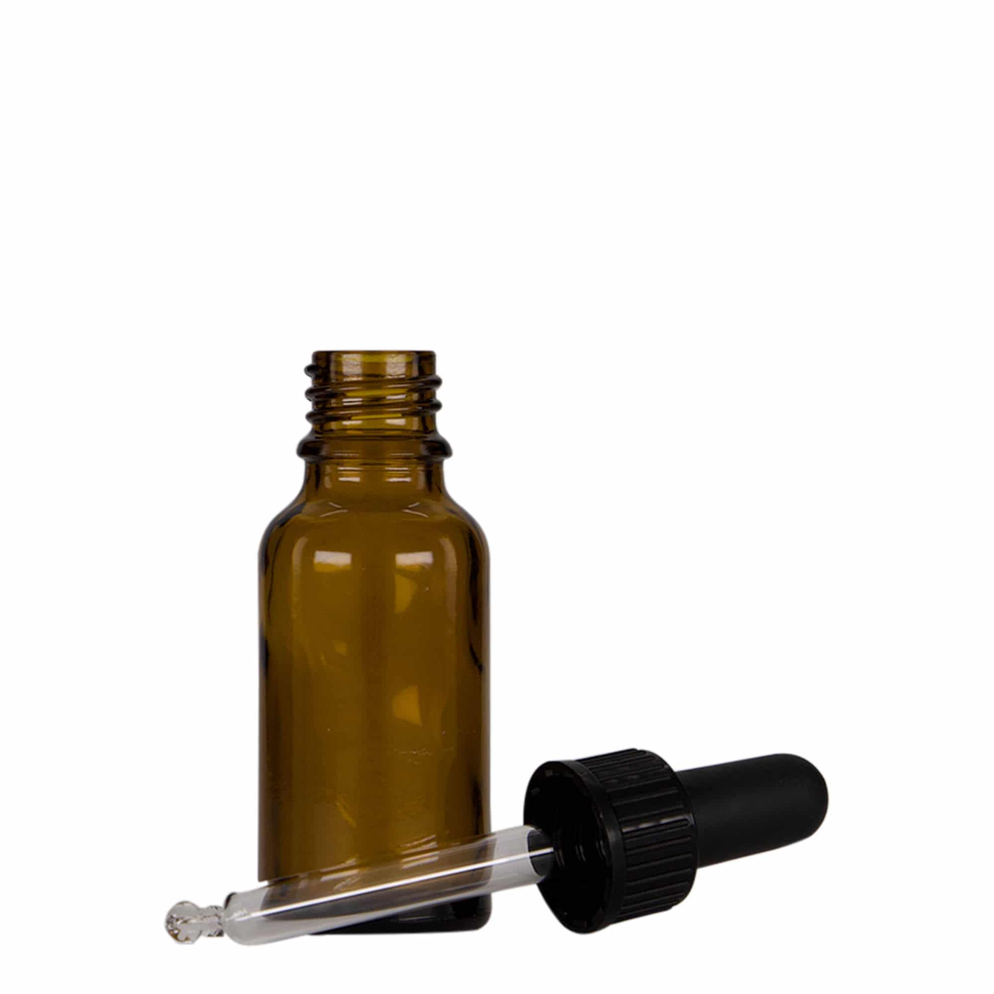 20 ml steklenica s pipeto za zdravila, steklo, rjavo-črna, ustje: DIN 18
