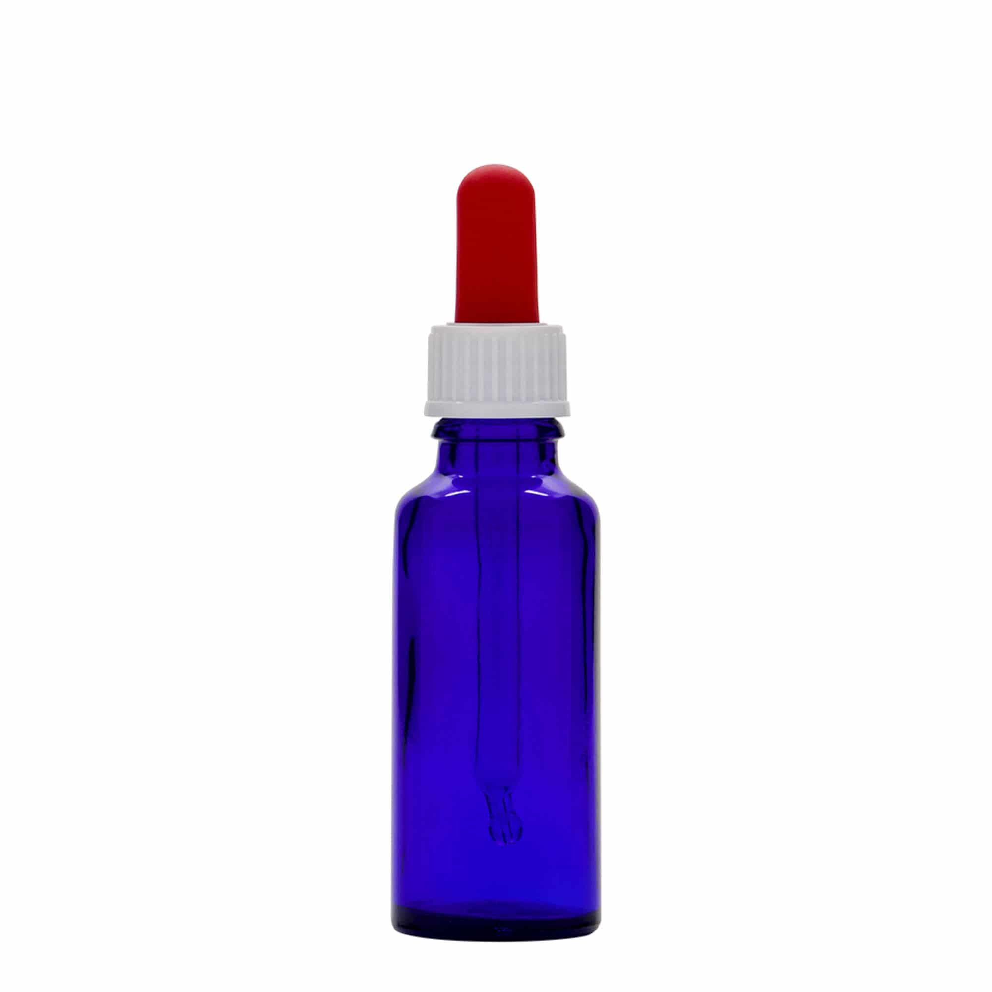 30 ml steklenica s pipeto za zdravila, steklo, kraljevo modra-rdeča, ustje: DIN 18 30 ml steklenica s pipeto za zdravila, steklo, kraljevo modra-rdeča, ustje: DIN 18
