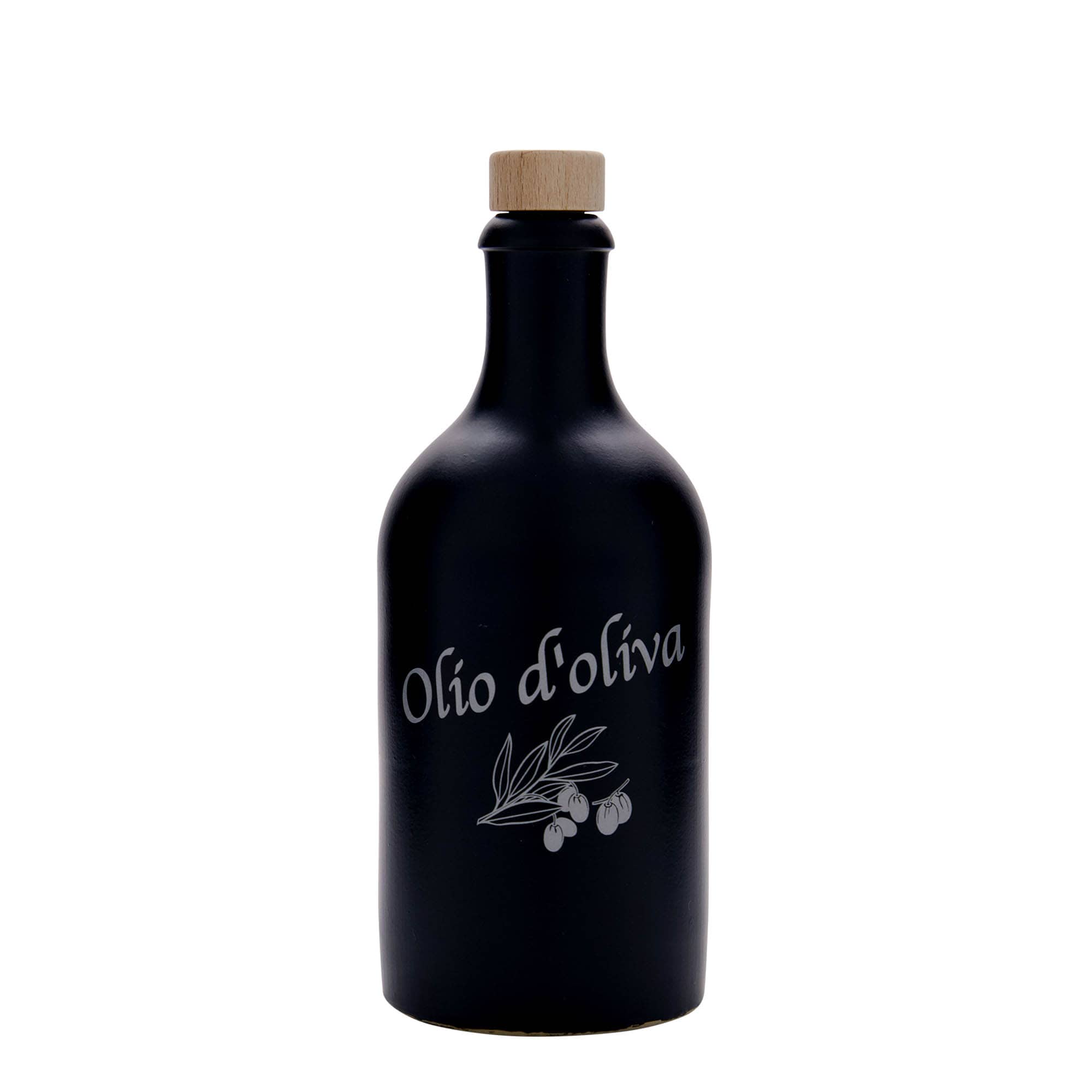 500 ml glineni vrč, motiv: Olio d'Oliva, kamnina, črn, odprtina: pluta