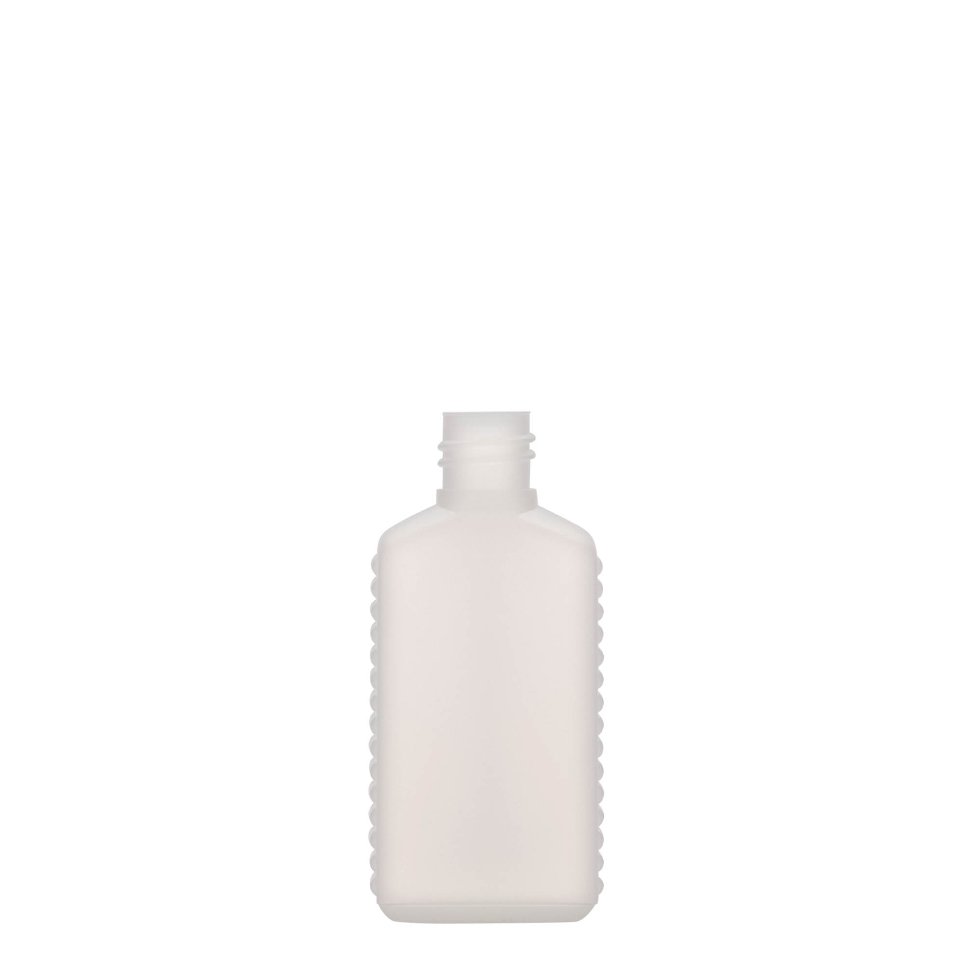 50 ml kanister steklenička z ozkim vratom, pravokotna, HDPE-plastika, naravna barva, odprtina: DIN 18