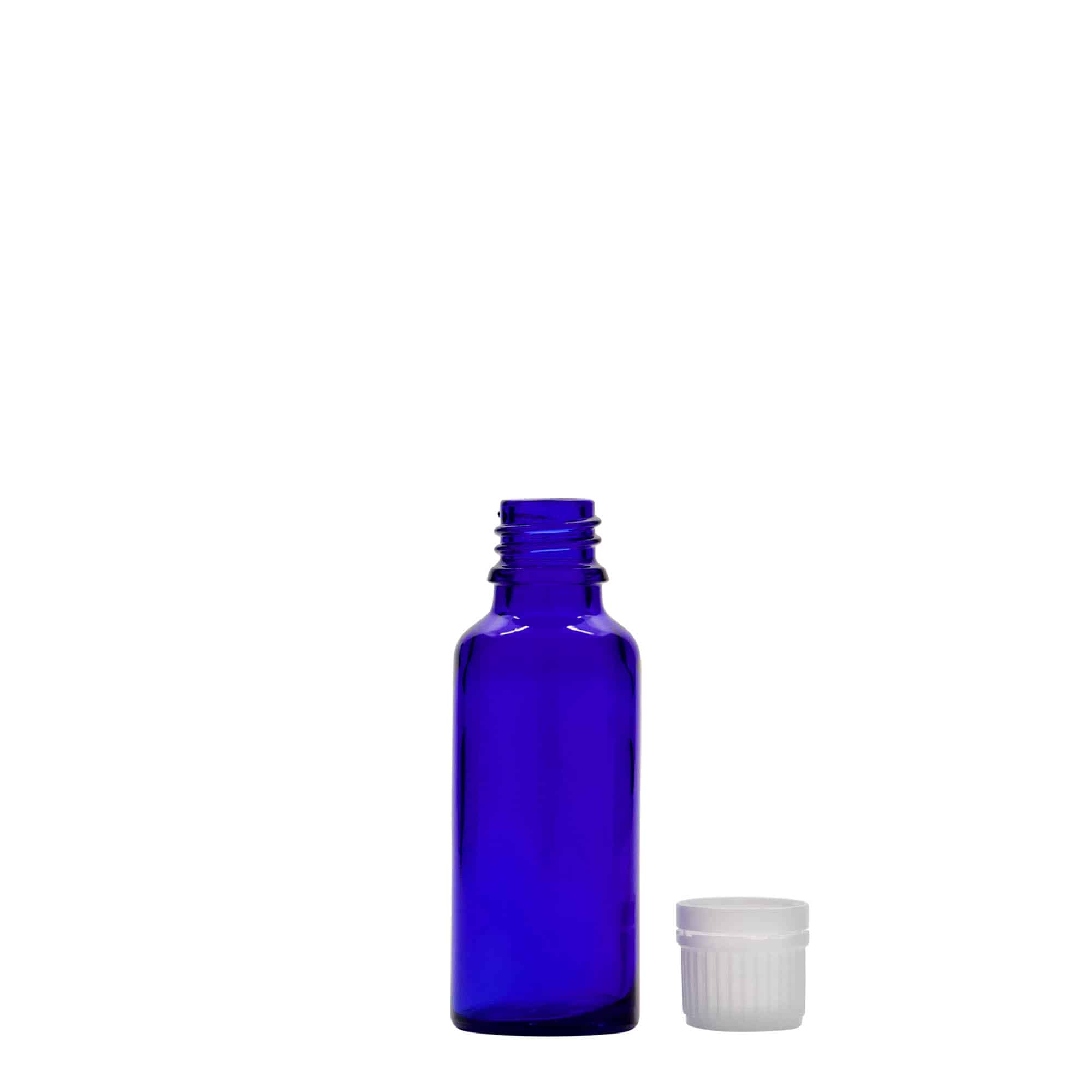30 ml steklenica za zdravila, steklo, kraljevsko modra, ustje: DIN 18