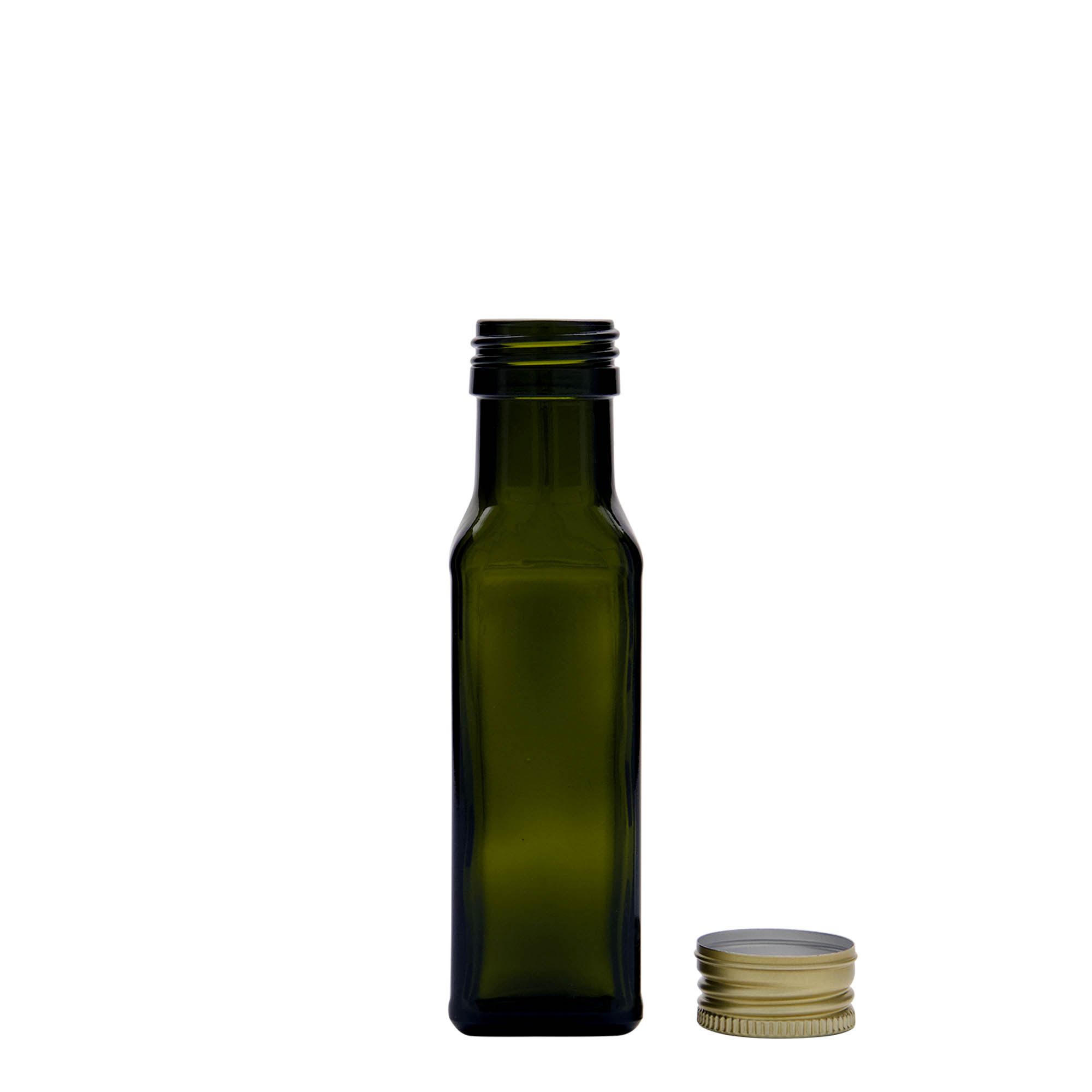100 ml steklenička 'Marasca', kvadratna, starozelena, odprtina: PP 31,5