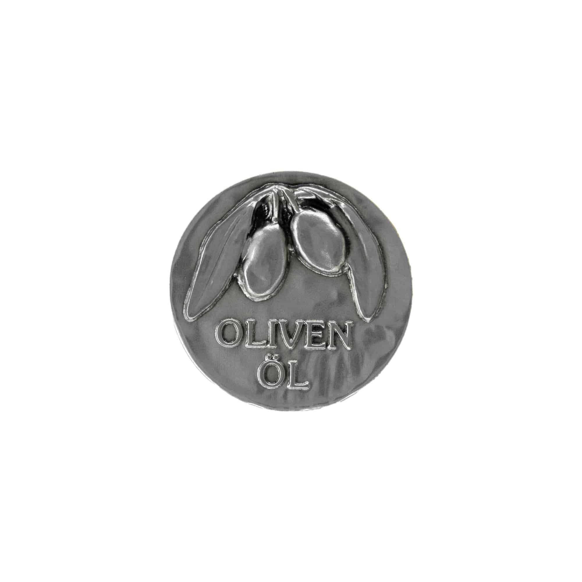 Kositra etiketa 'Olivno olje', kovina, srebrna