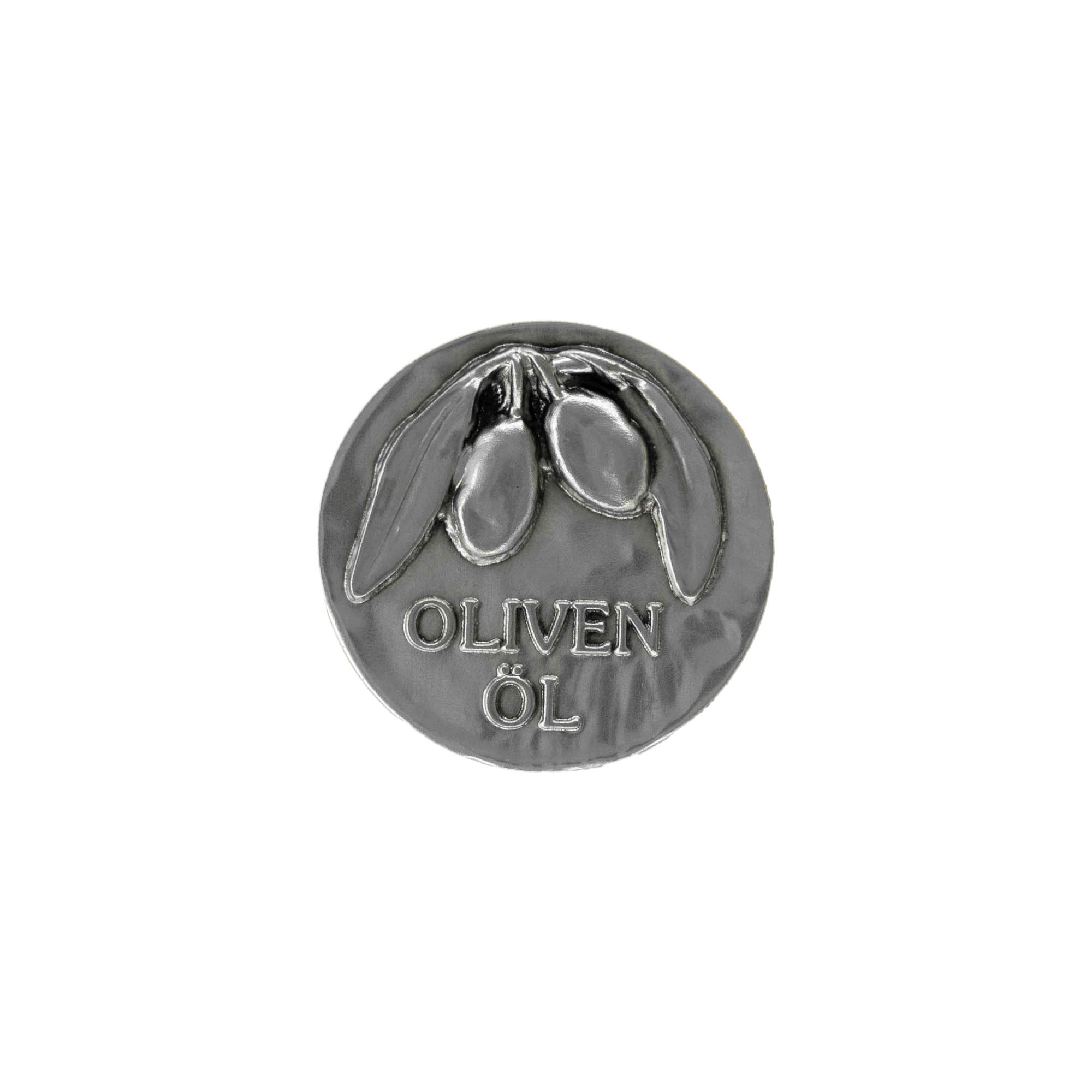 Kositra etiketa 'Olivno olje', kovina, srebrna