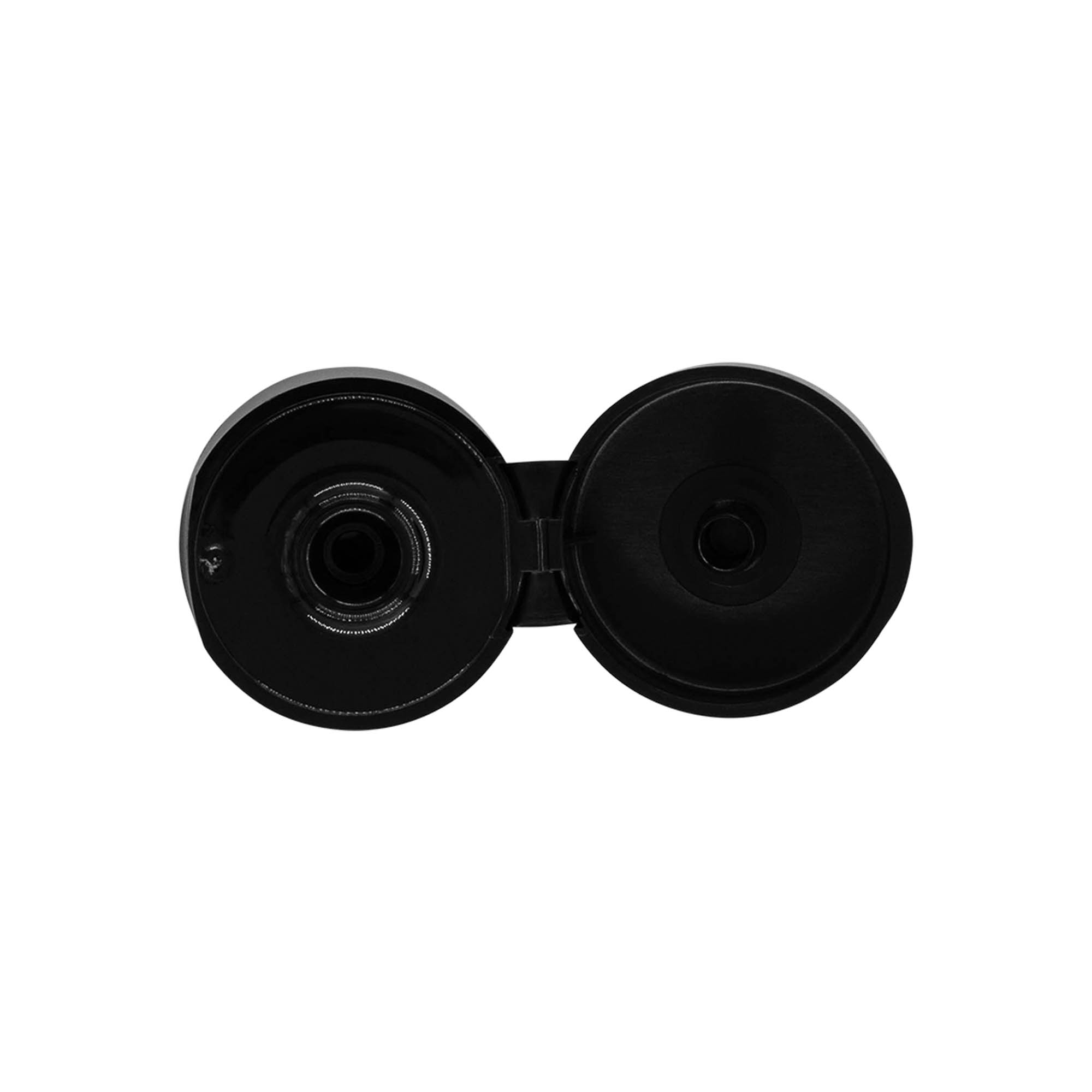 Zavrtni pokrov z zložljivim tečajem, PP-plastika, črne barve, za odprtino: 24/410