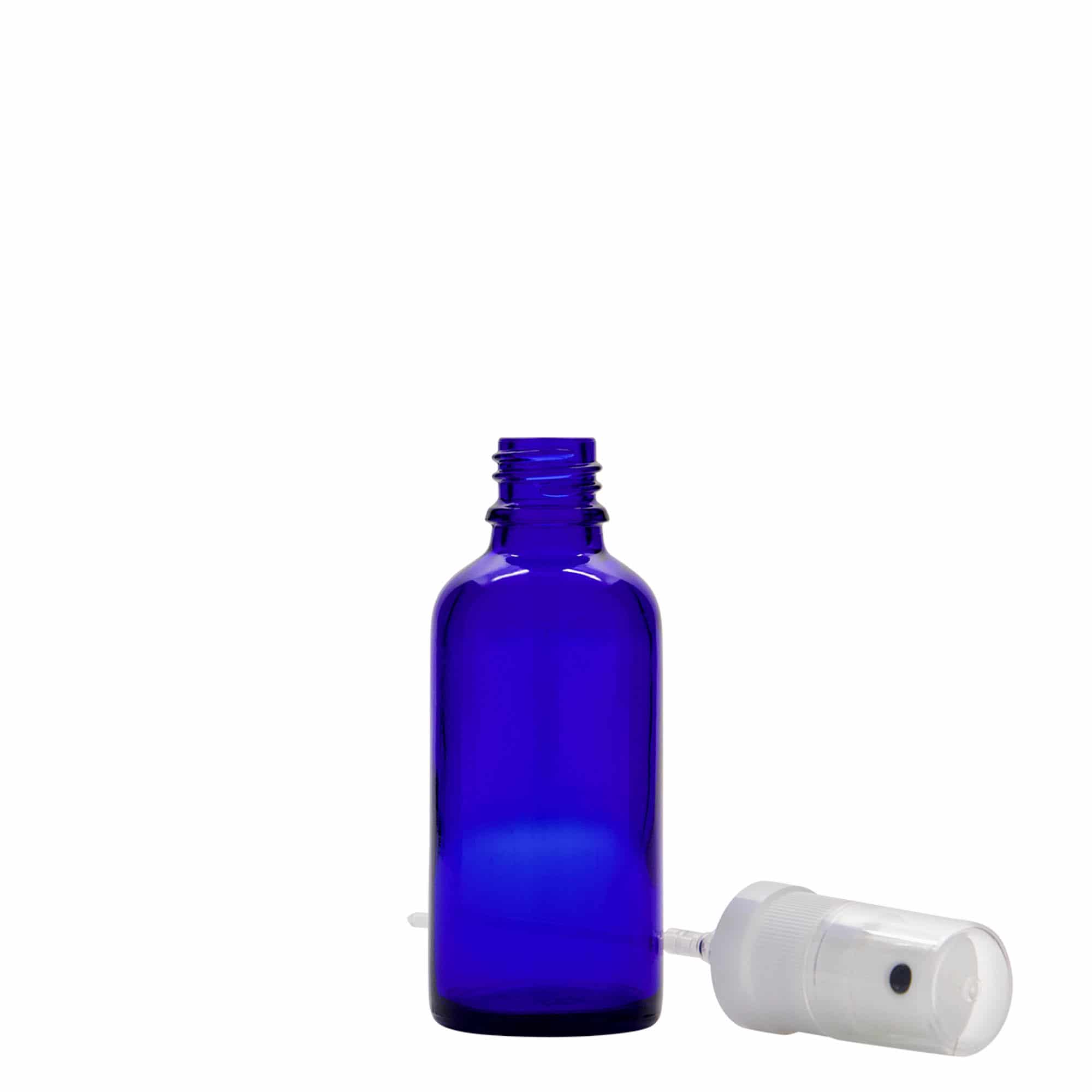 50 ml steklenica z razpršilnikom za zdravila, steklo, kraljevsko modra, ustje: DIN 18