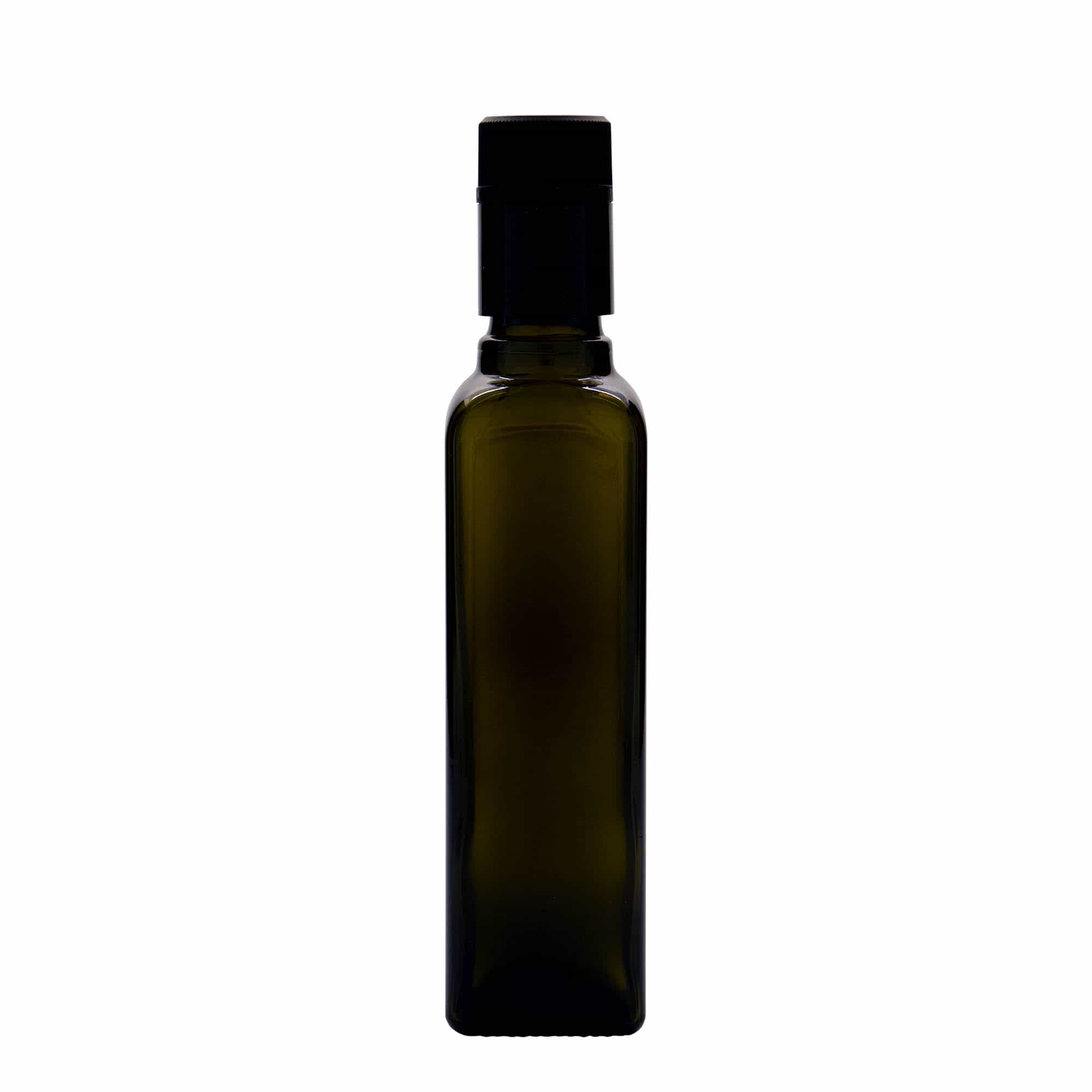 250 ml steklenica za kis/olje »Qudra«, steklo, kvadratna, antično zelena, ustje: DOP