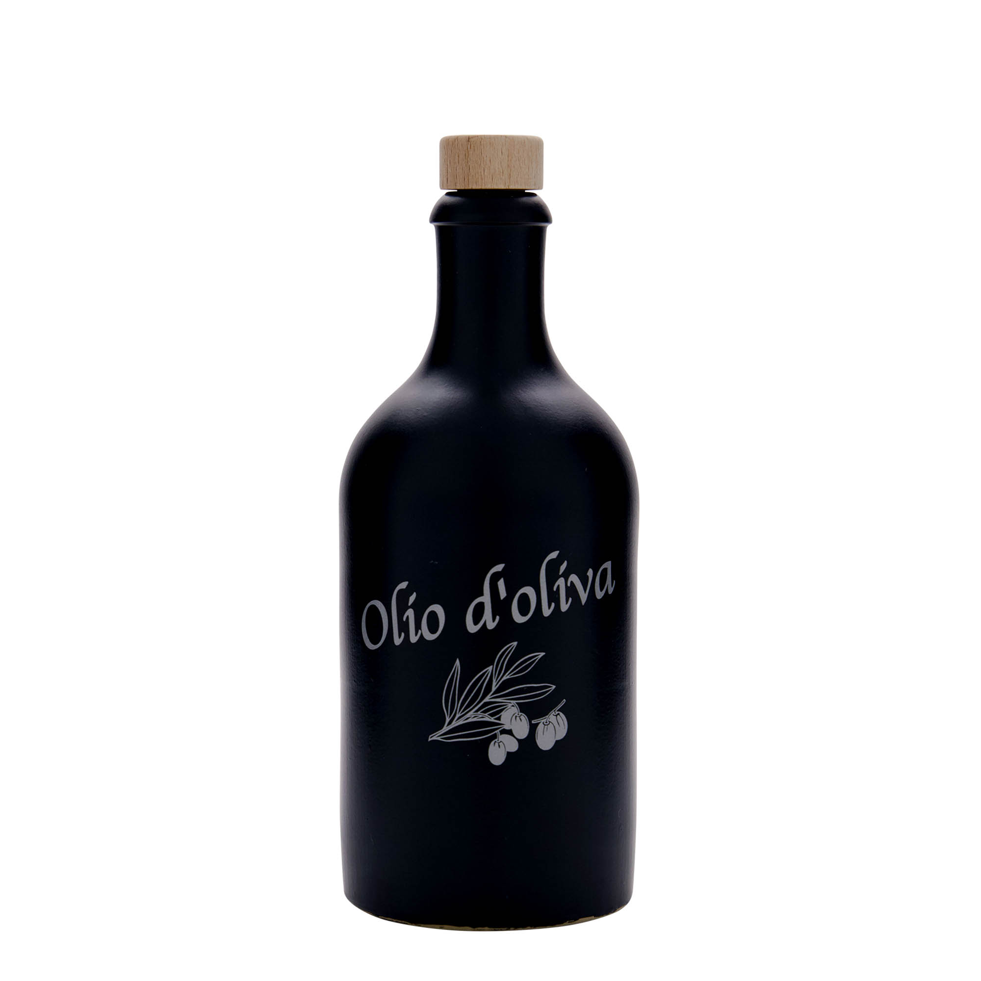500 ml glineni vrč, motiv: Olio d'Oliva, kamnina, črn, odprtina: pluta