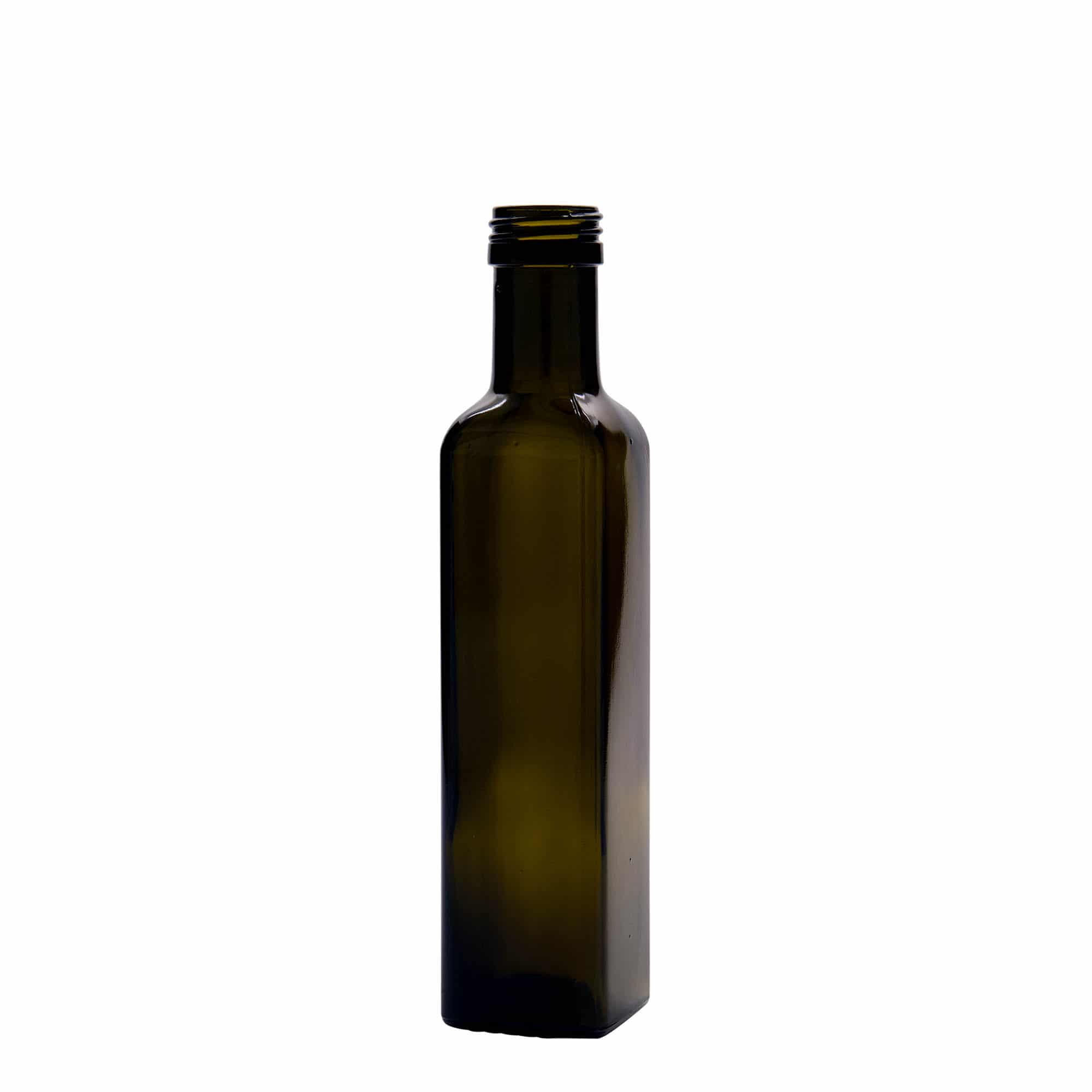 250 ml steklena steklenica »Marasca«, kvadratna, antično zelena, ustje: PP 31,5