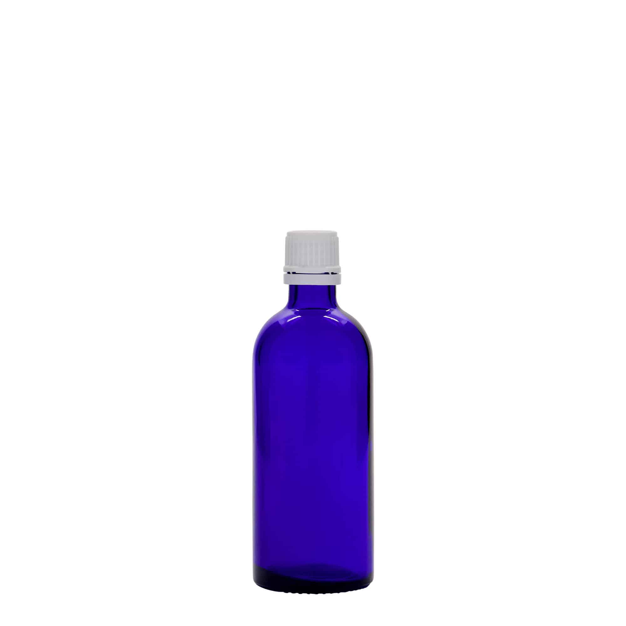 100 ml steklenica za zdravila, steklo, kraljevsko modra, ustje: DIN 18