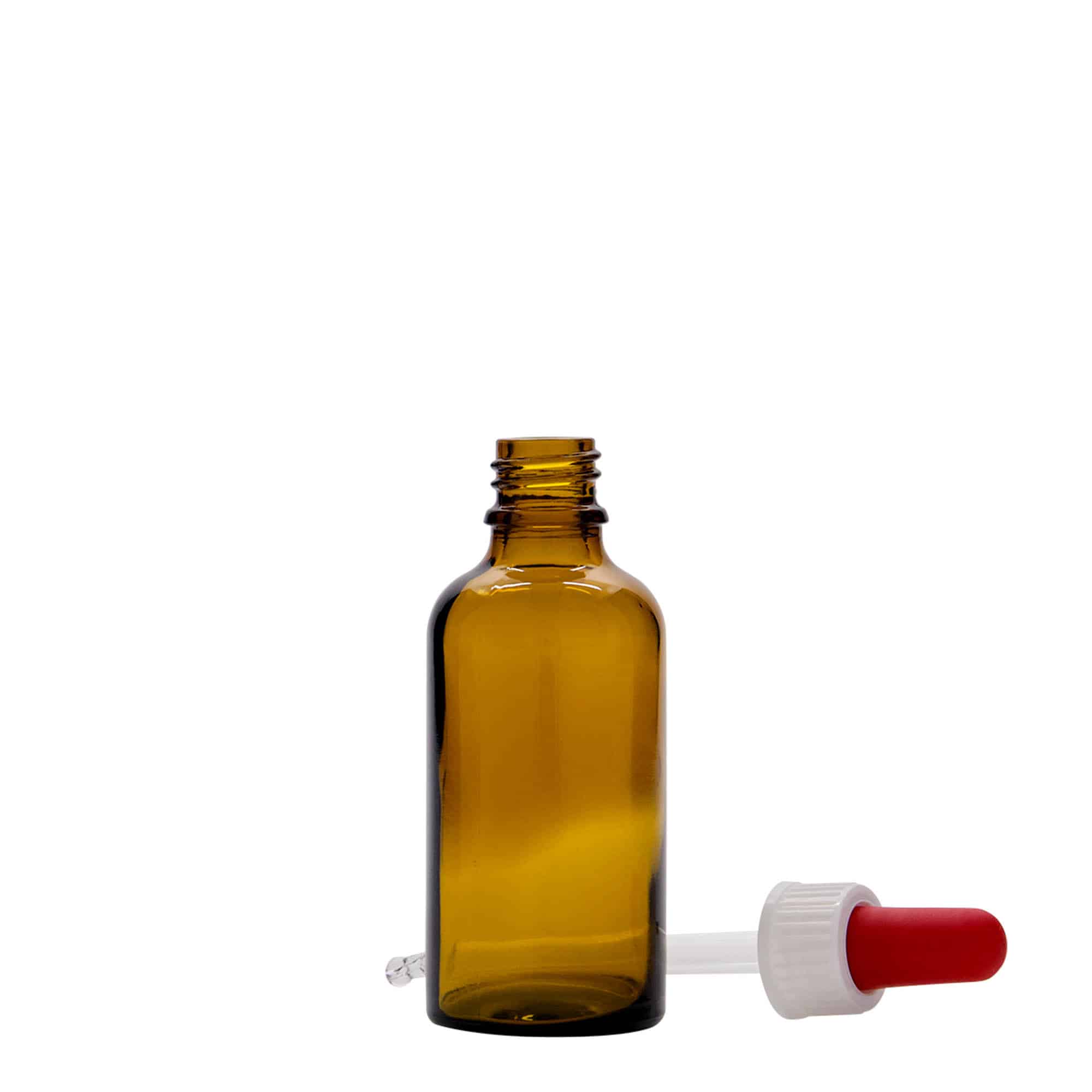 50 ml steklenica s pipeto za zdravila, steklo, rjavo-rdeča, ustje: DIN 18