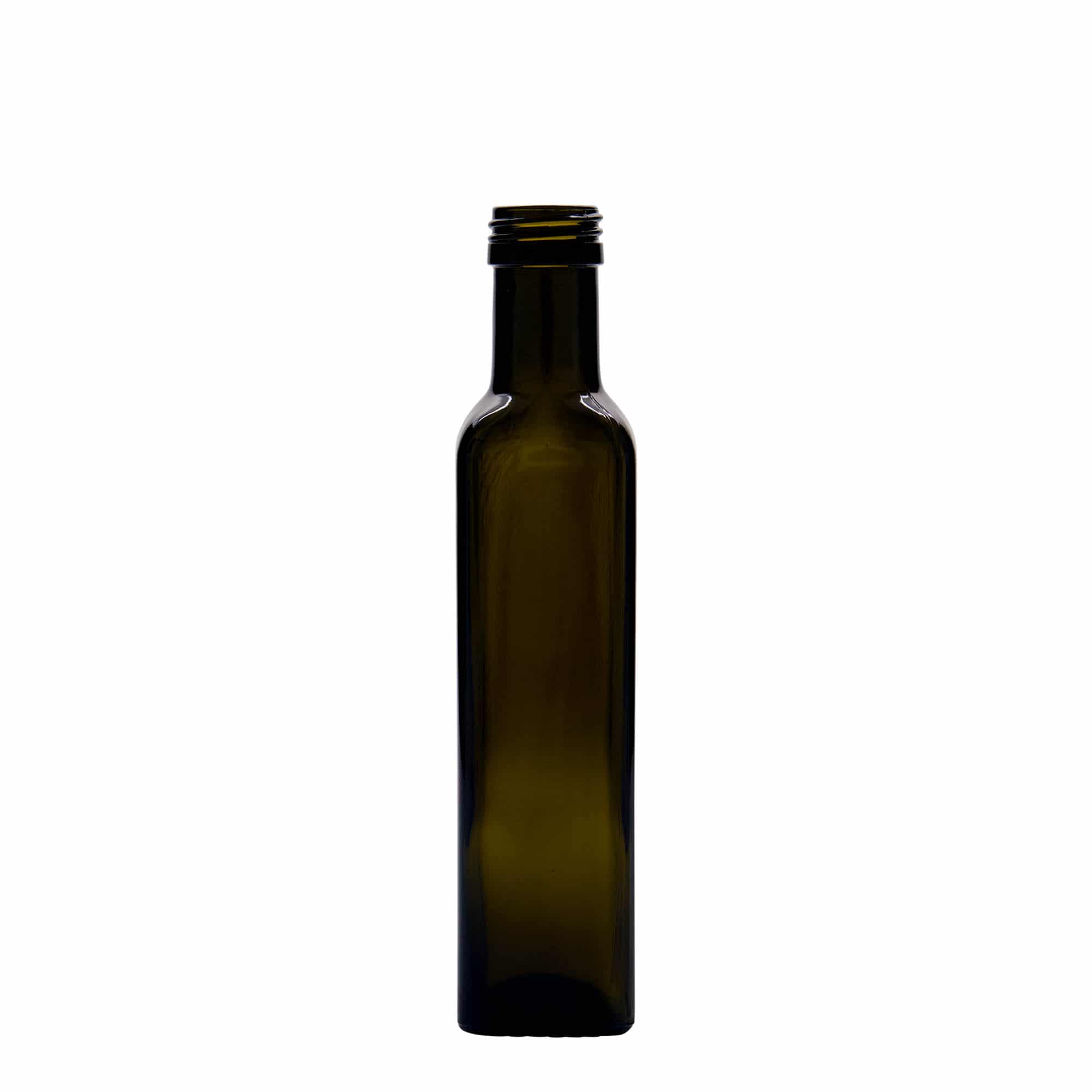 250 ml steklenica 'Marasca', kvadratna, starinsko zelena, odprtina: PP 31,5